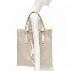 YVES SAINT LAUREENT YSL metallic gold leather beige canvas tote bag