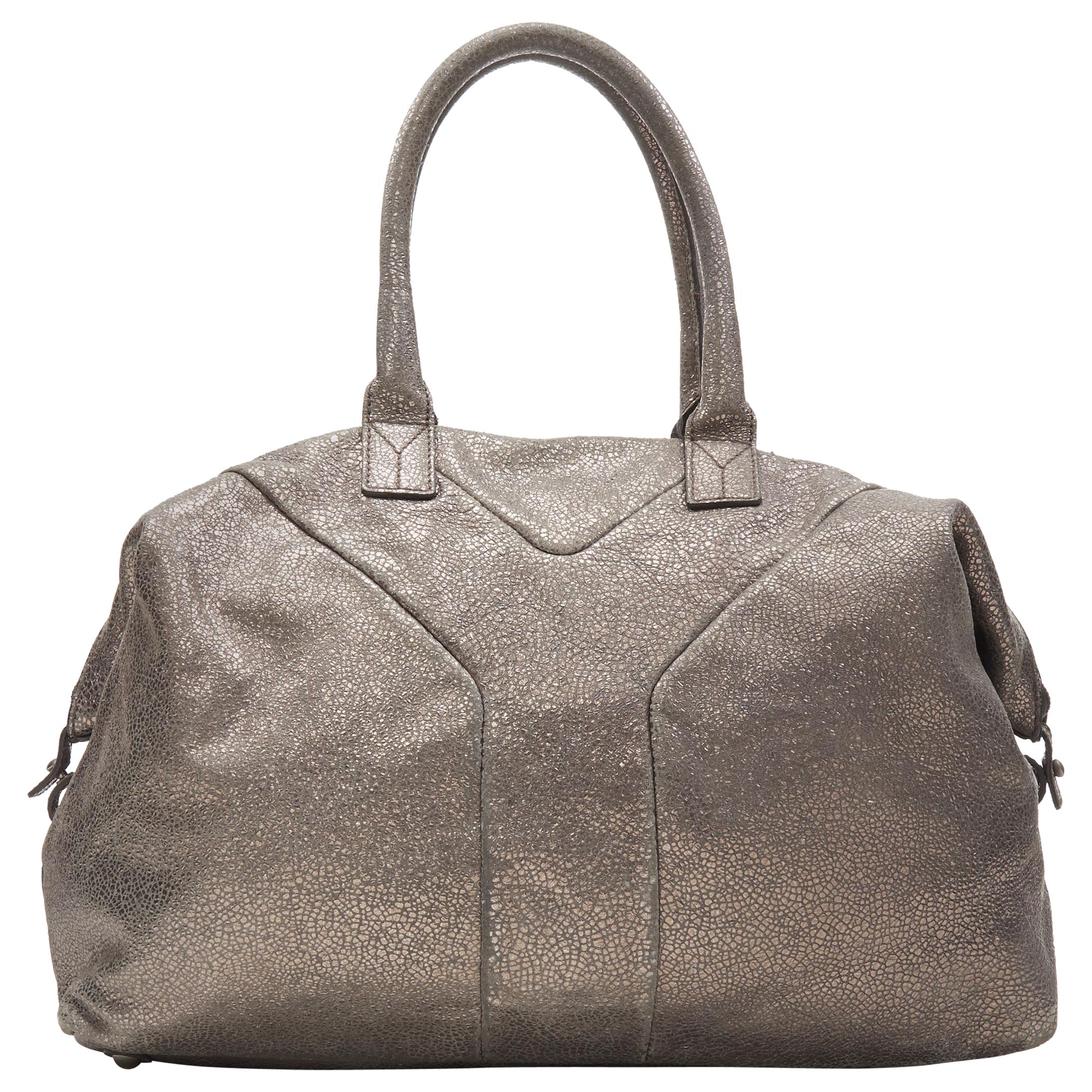 YVES SAINT LAUREN Easy Y metallic silver leather top handle shoulder boston bag