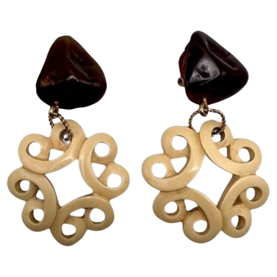 Yves Saint Lauren Vintage Resin African Collection Drop clip-on Earrings, 1967 For Sale