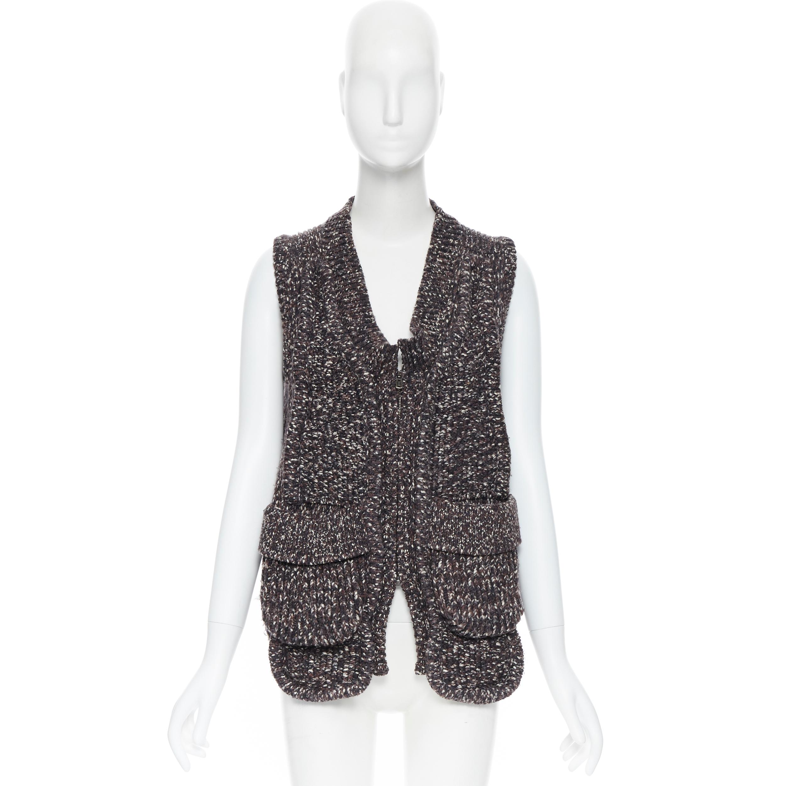Women's YVES SAINT LAURENT 100% wool brown cable knit zip front dual pocket vest  XS