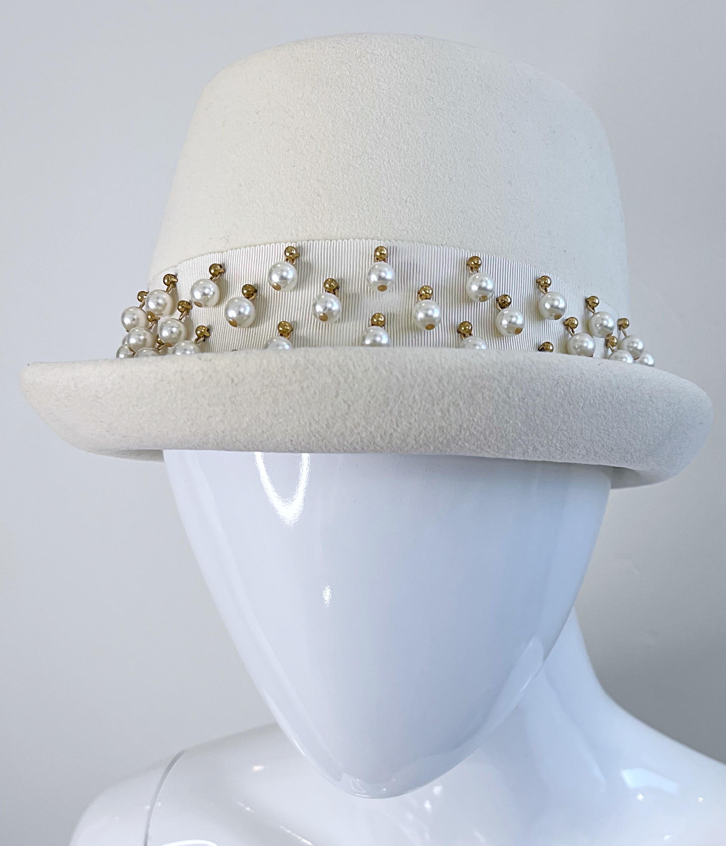 Yves Saint Laurent 1960s Ivory Pearl Bead Encrusted Vintage 60s Felt Fedora Hat For Sale 5