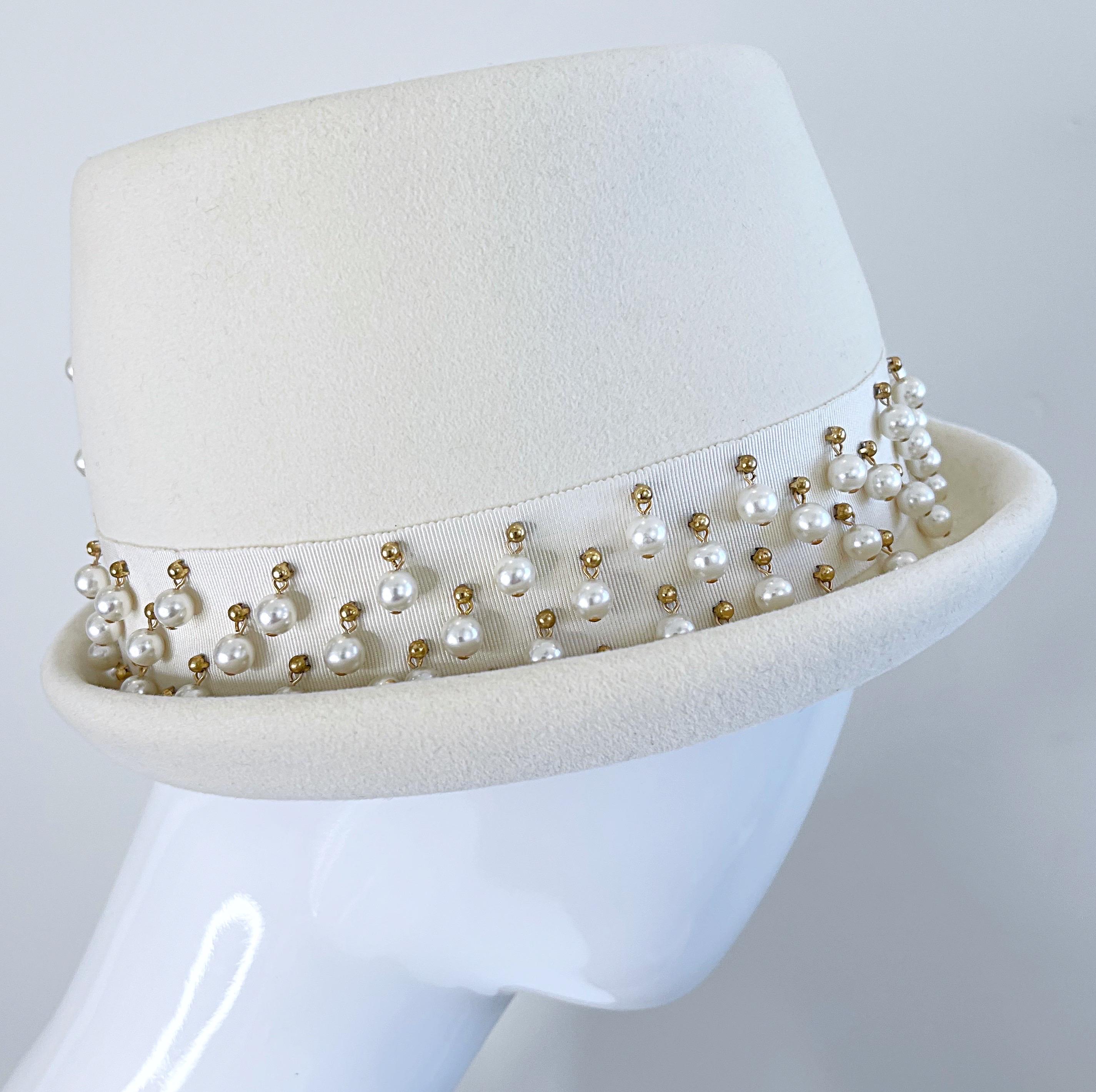 Yves Saint Laurent 1960s Ivory Pearl Bead Encrusted Vintage 60s Felt Fedora Hat For Sale 6