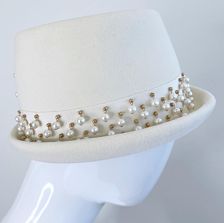 Vintage 70s/80s YSL Yves Saint Laurent Jeweled Fedora Yves Saint Laurent 1960s Ivory Pearl Bead Encrusted Vintage  main image 4