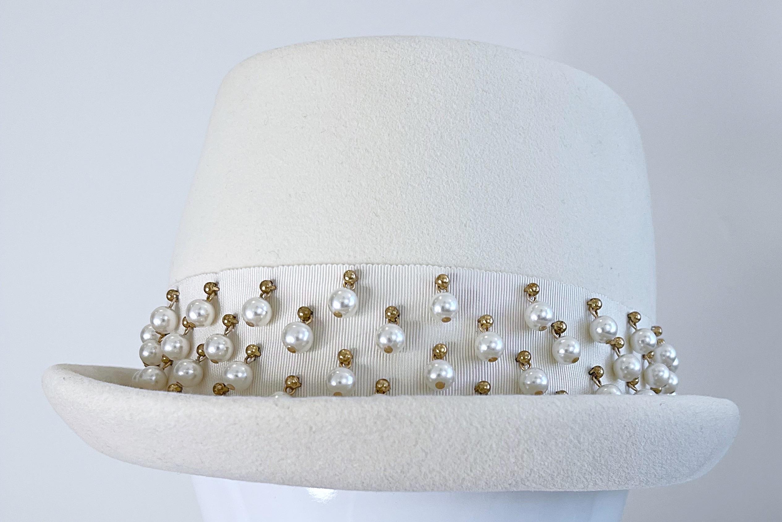 Yves Saint Laurent 1960s Ivory Pearl Bead Encrusted Vintage 60s Felt Fedora Hat For Sale 7