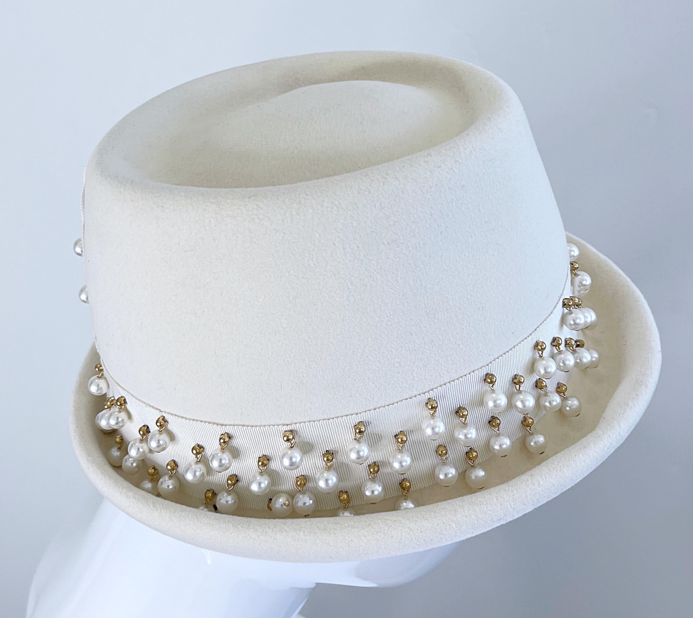 Yves Saint Laurent 1960s Ivory Pearl Bead Encrusted Vintage 60s Felt Fedora Hat For Sale 8