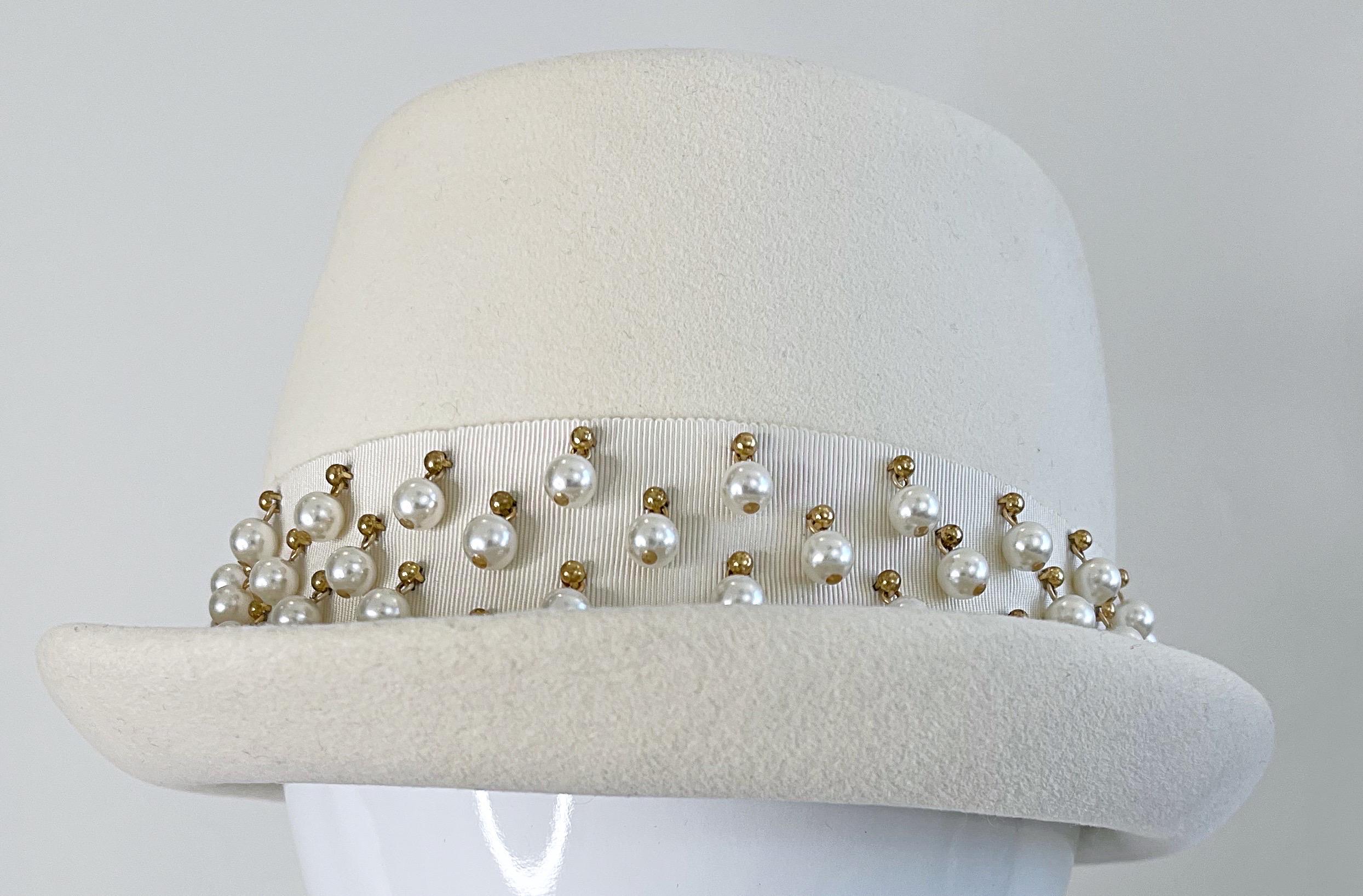 Yves Saint Laurent 1960s Ivory Pearl Bead Encrusted Vintage 60s Felt Fedora Hat For Sale 9