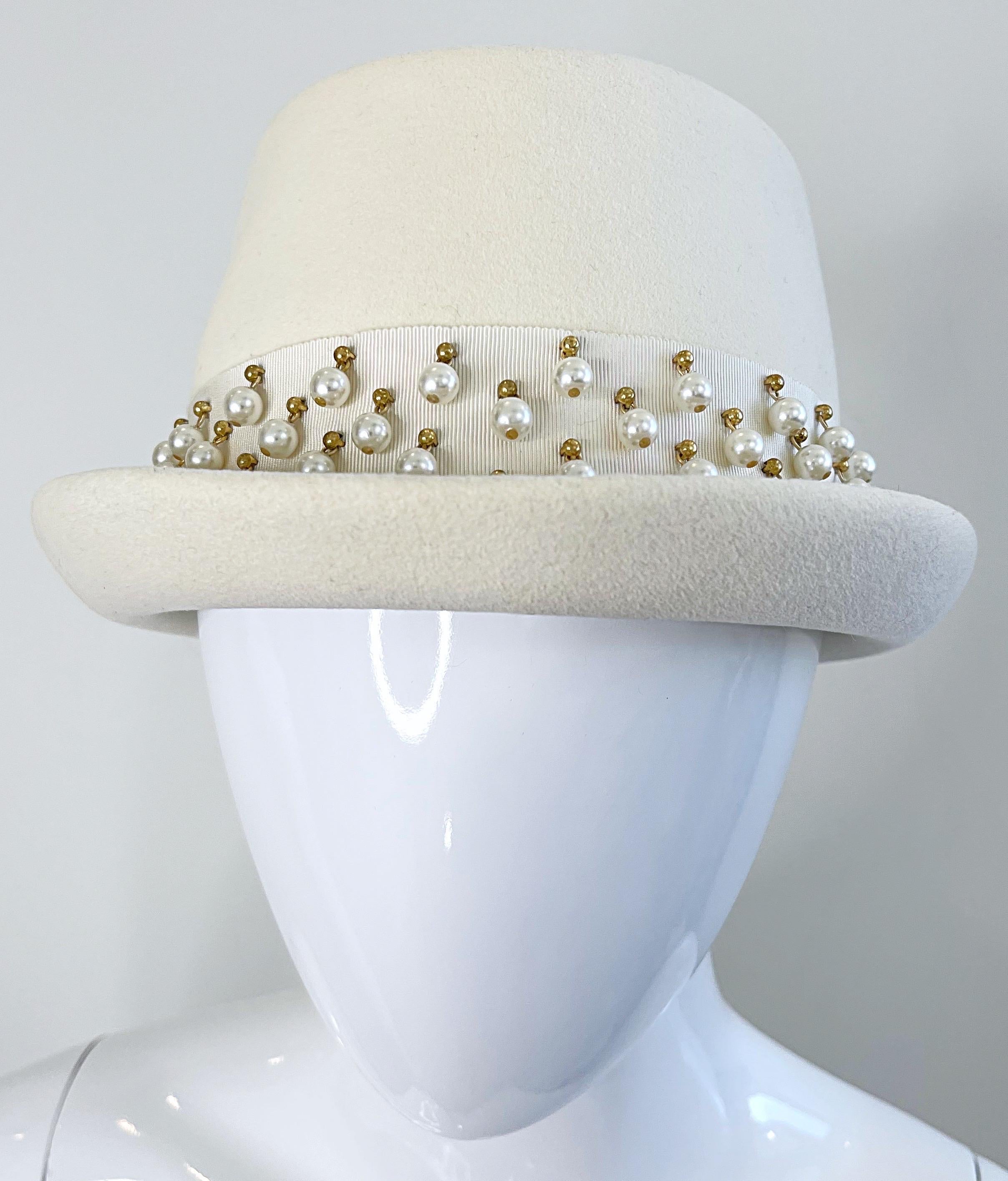 Gray Yves Saint Laurent 1960s Ivory Pearl Bead Encrusted Vintage 60s Felt Fedora Hat For Sale