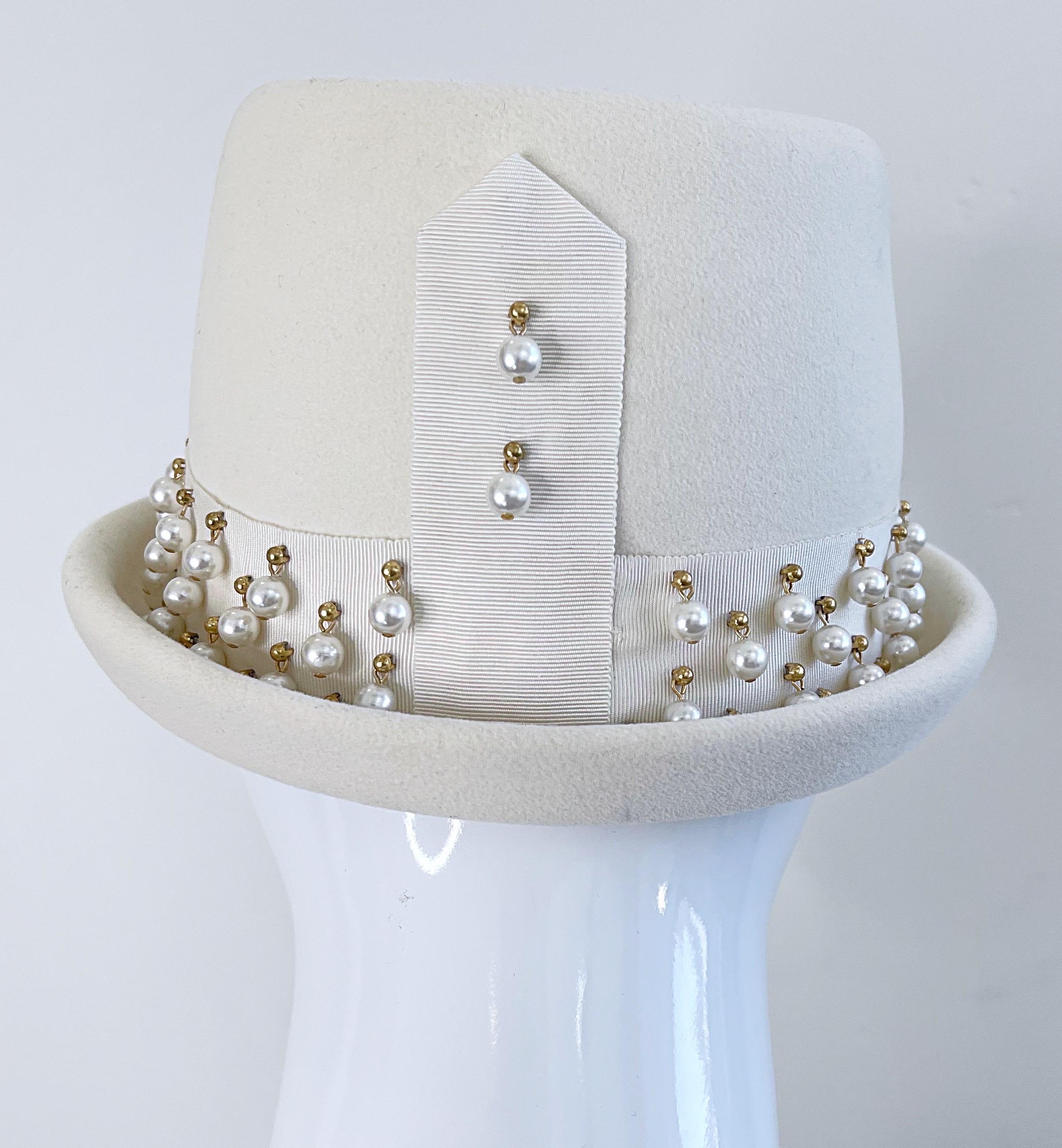 Yves Saint Laurent 1960s Ivory Pearl Bead Encrusted Vintage 60s Felt Fedora Hat For Sale 1