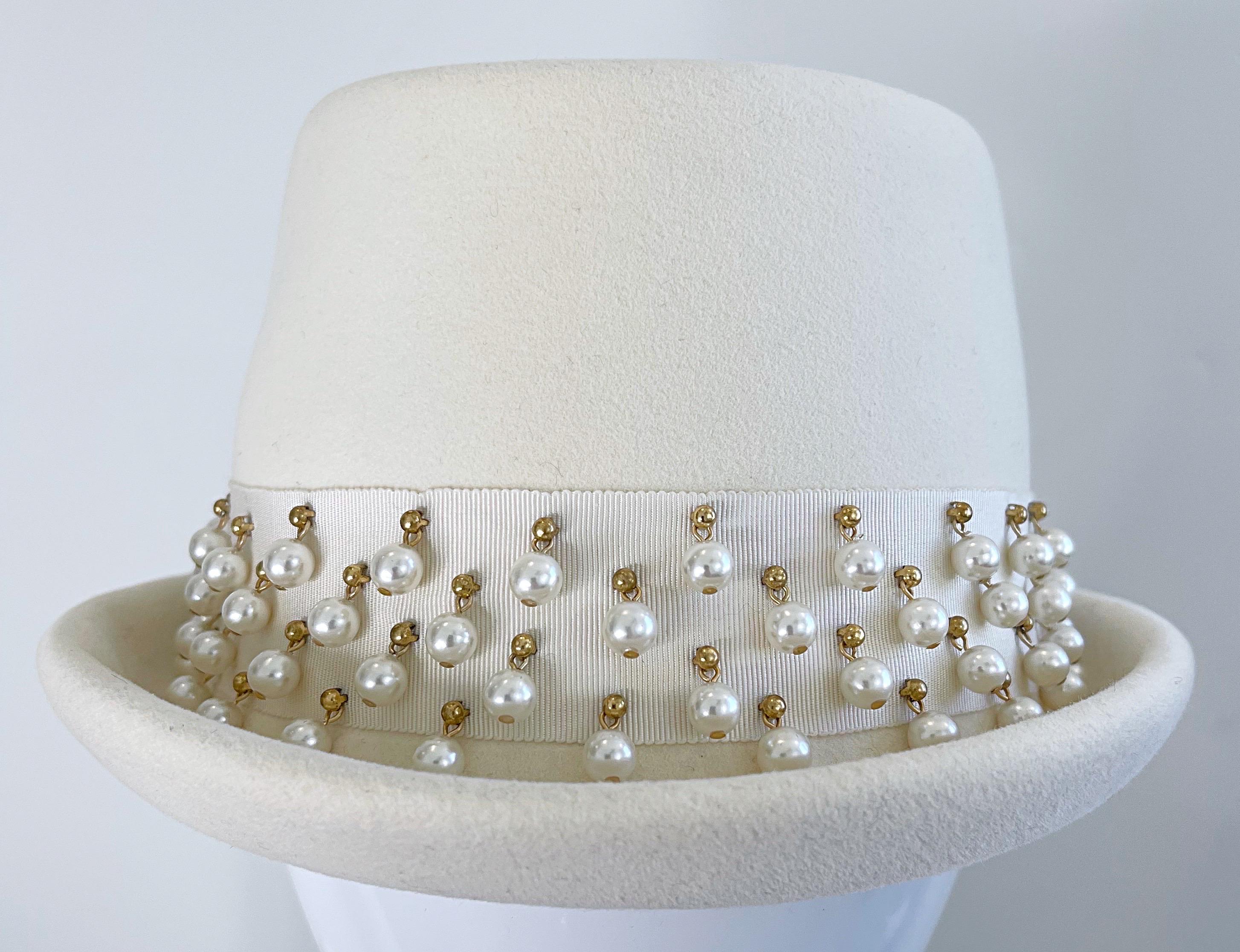 Yves Saint Laurent 1960s Ivory Pearl Bead Encrusted Vintage 60s Felt Fedora Hat For Sale 2