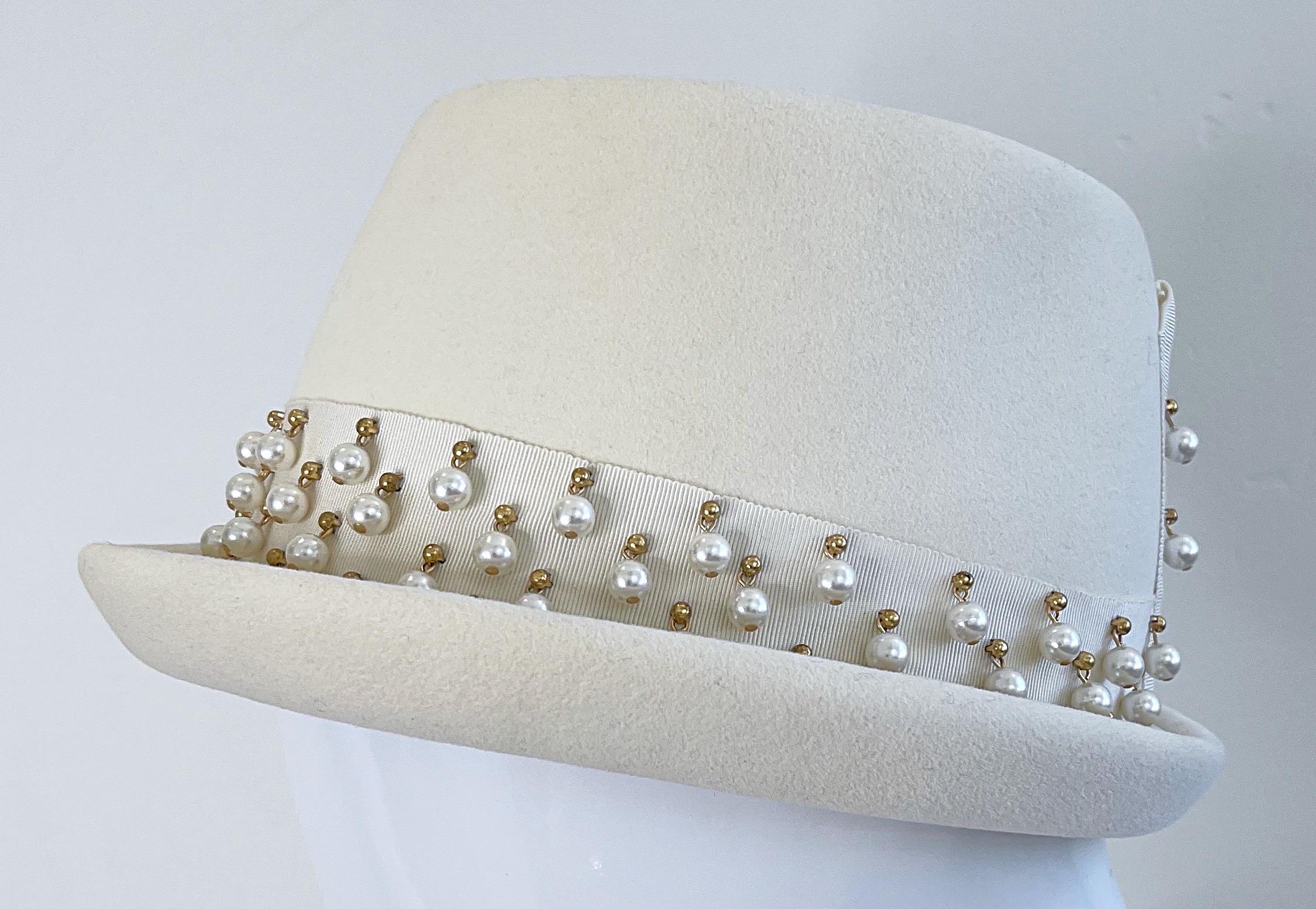 Yves Saint Laurent 1960s Ivory Pearl Bead Encrusted Vintage 60s Felt Fedora Hat For Sale 3