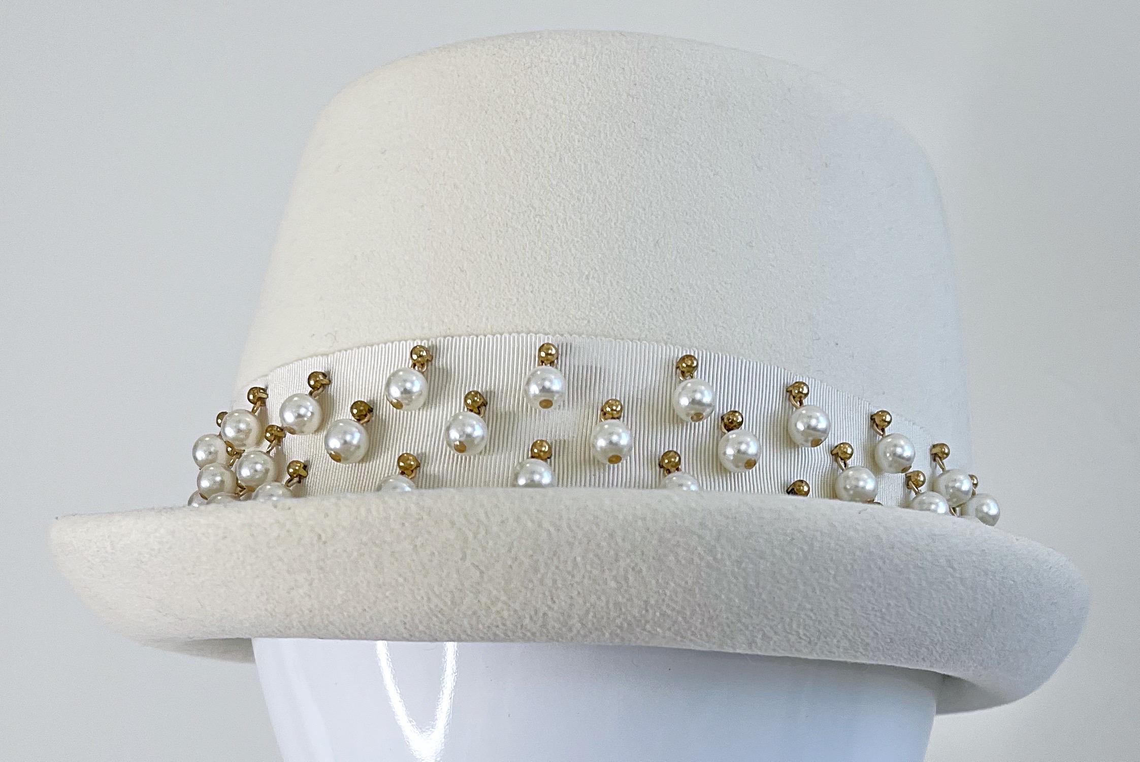 Yves Saint Laurent 1960s Ivory Pearl Bead Encrusted Vintage 60s Felt Fedora Hat For Sale 4