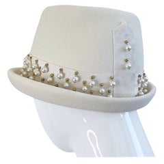 Yves Saint Laurent 1960 Avorio Perle Incrostate Cappello Fedora in Feltro Vintage Anni 60