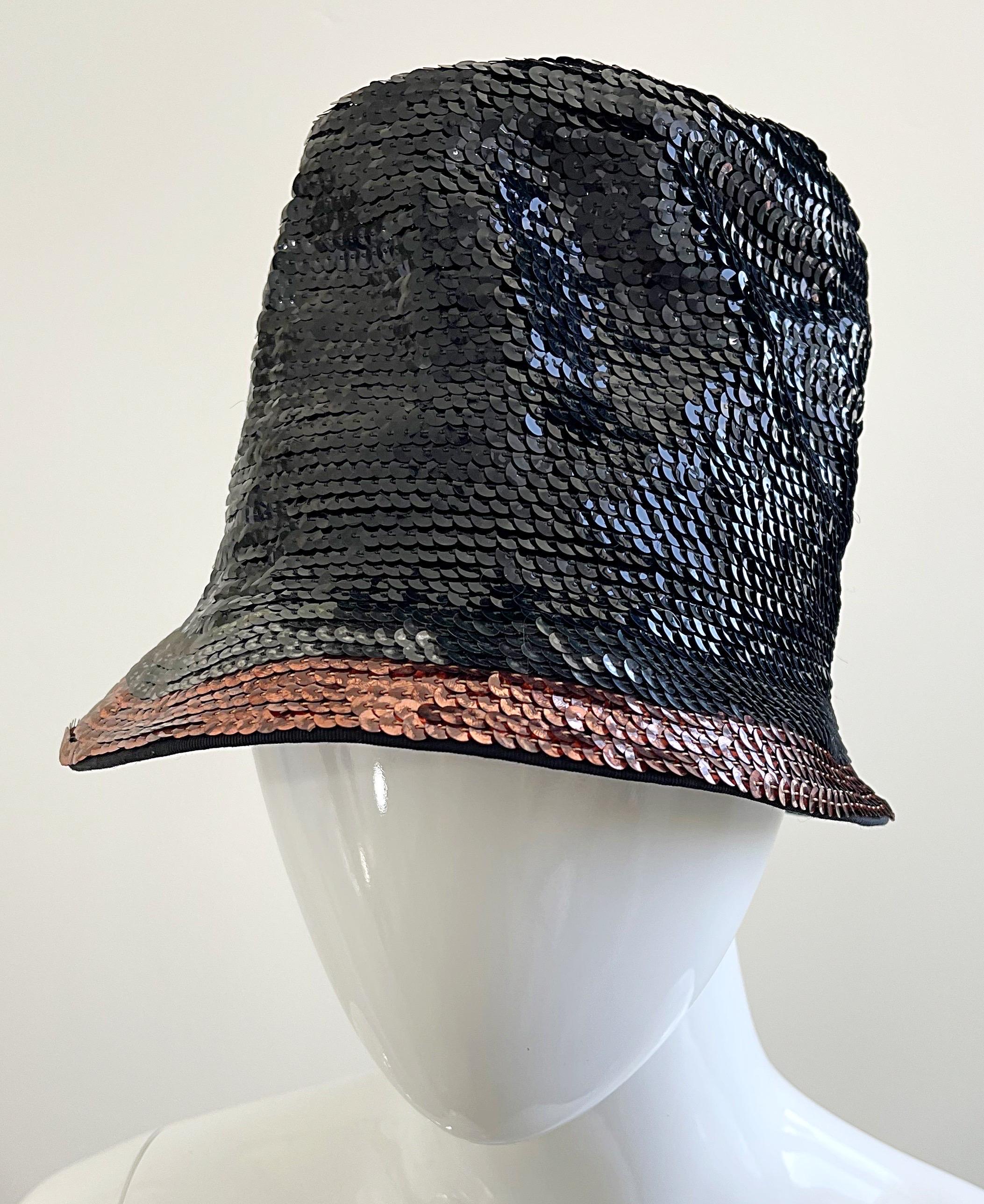 Yves Saint Laurent 1960s YSL Black Gunmetal Bronze Sequin Vintage 60s Cloche Hat For Sale 3