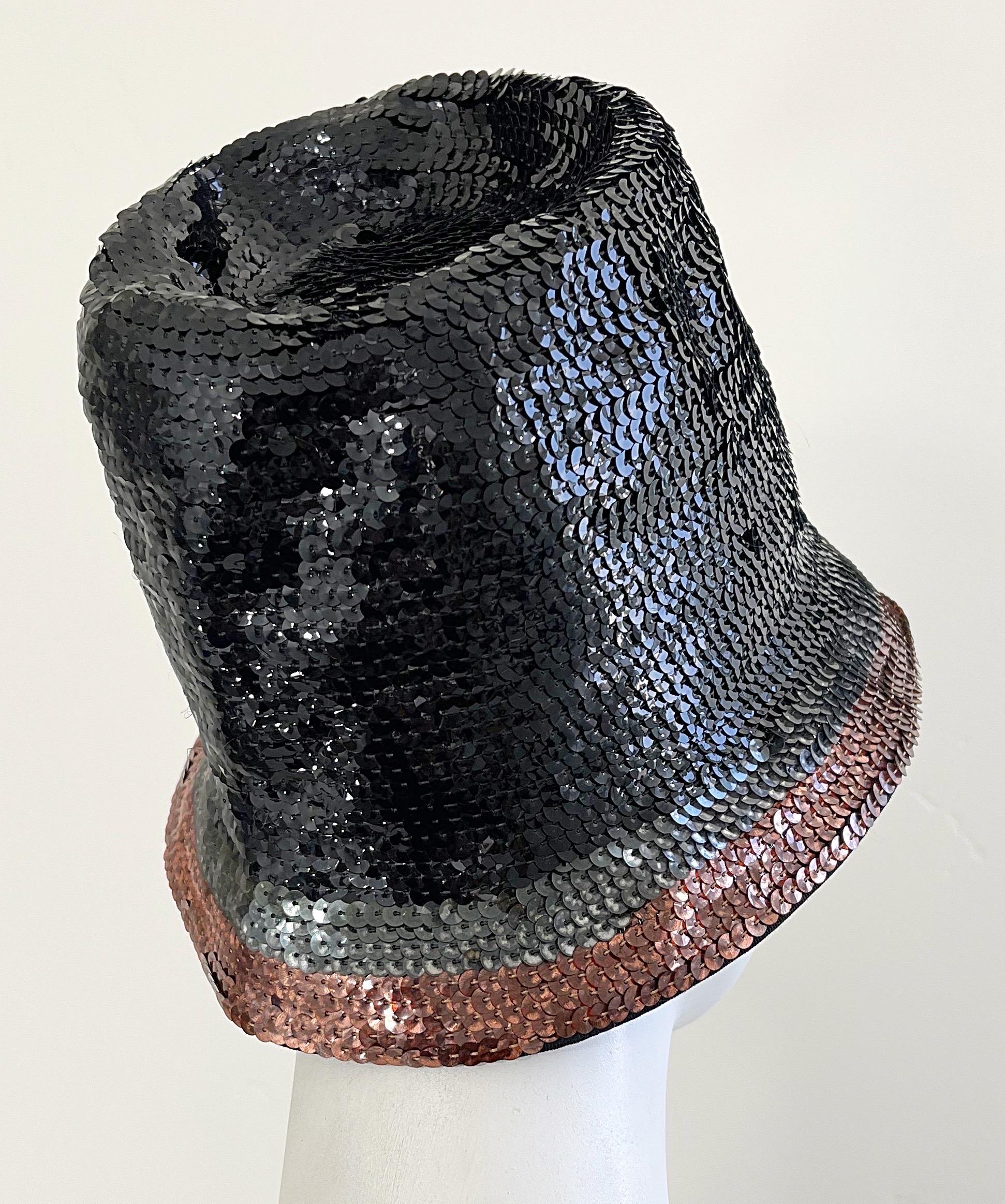 Yves Saint Laurent 1960s YSL Black Gunmetal Bronze Sequin Vintage 60s Cloche Hat For Sale 4