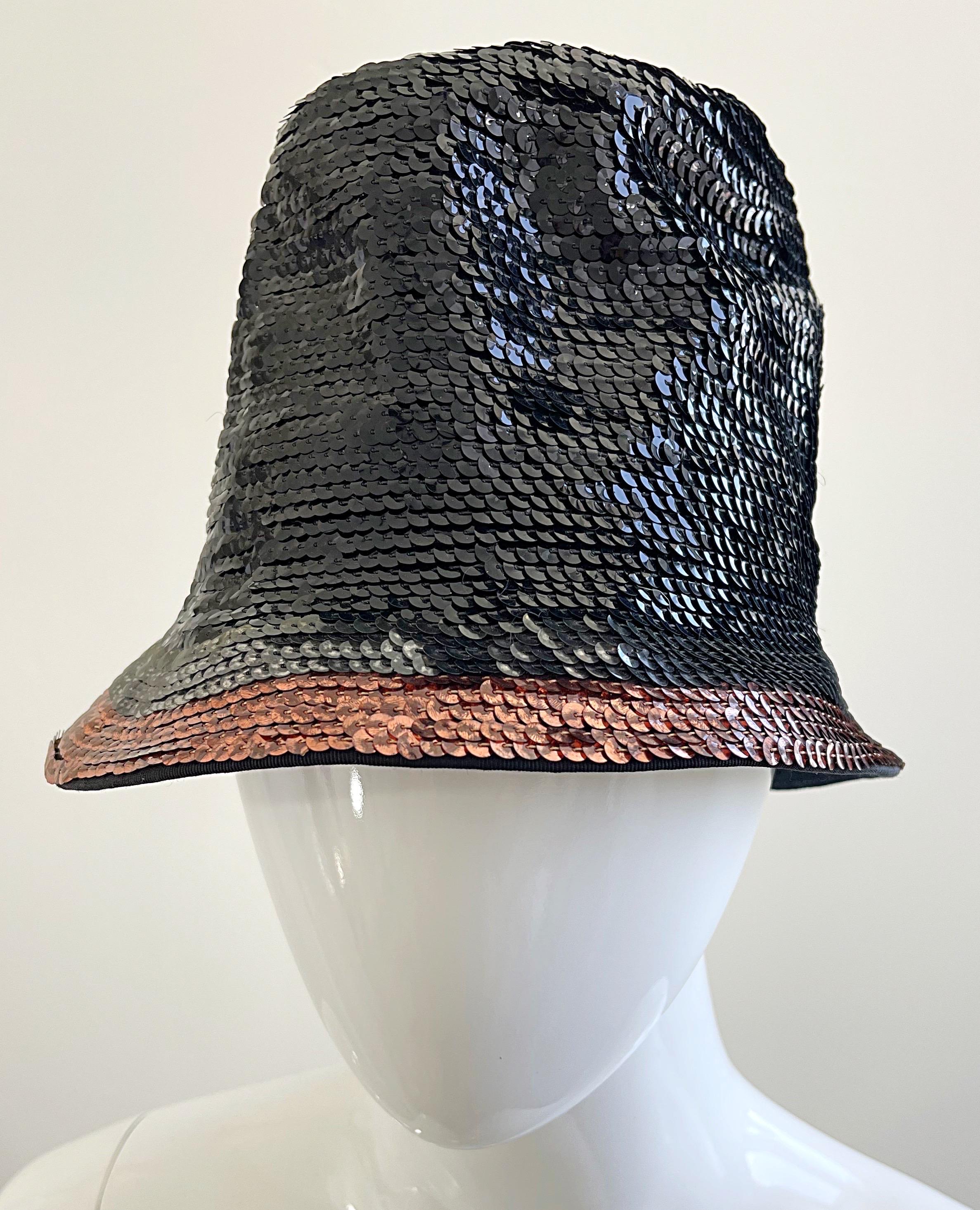 Yves Saint Laurent 1960s YSL Black Gunmetal Bronze Sequin Vintage 60s Cloche Hat For Sale 5