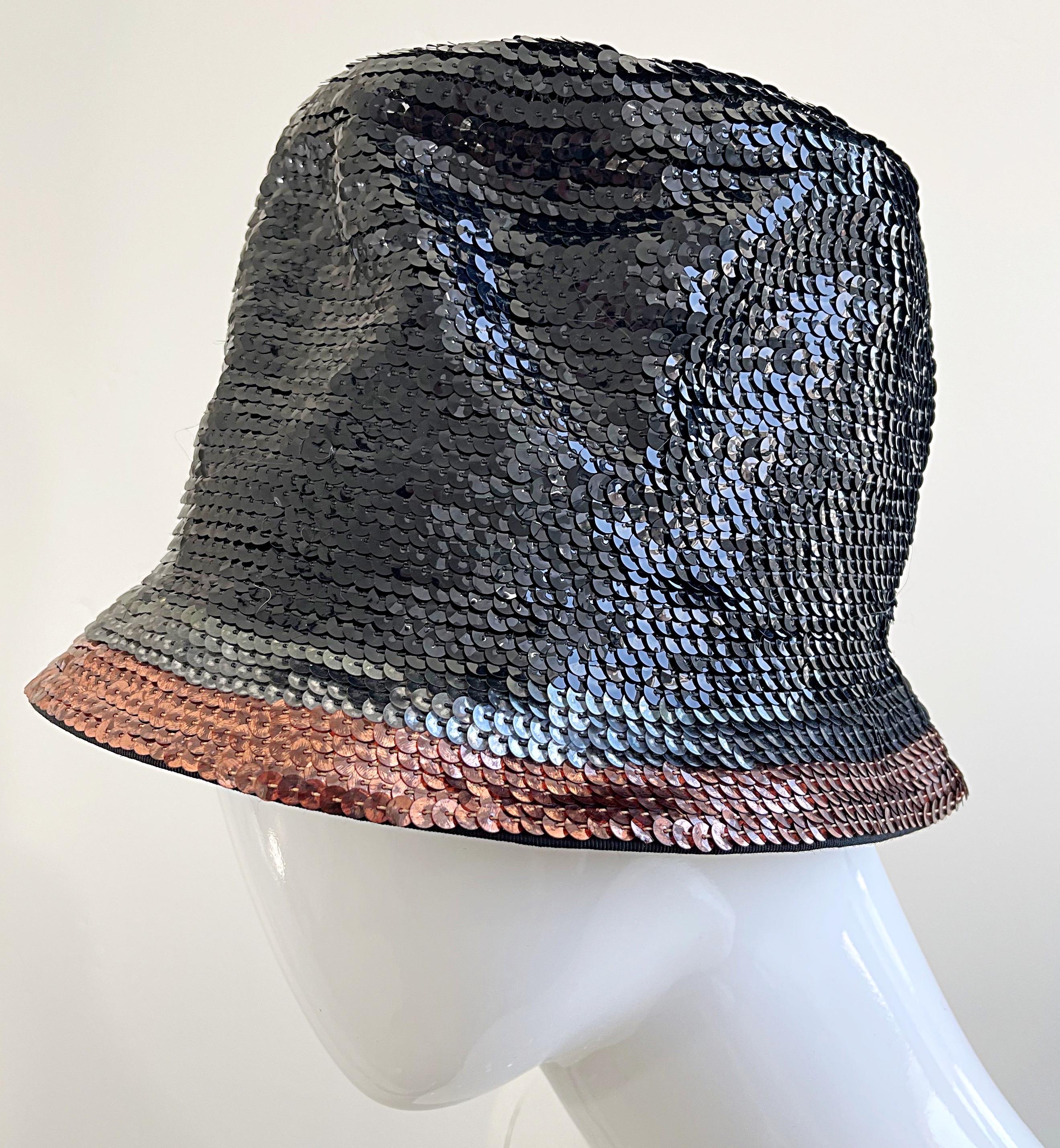 Yves Saint Laurent 1960s YSL Black Gunmetal Bronze Sequin Vintage 60s Cloche Hat For Sale 6