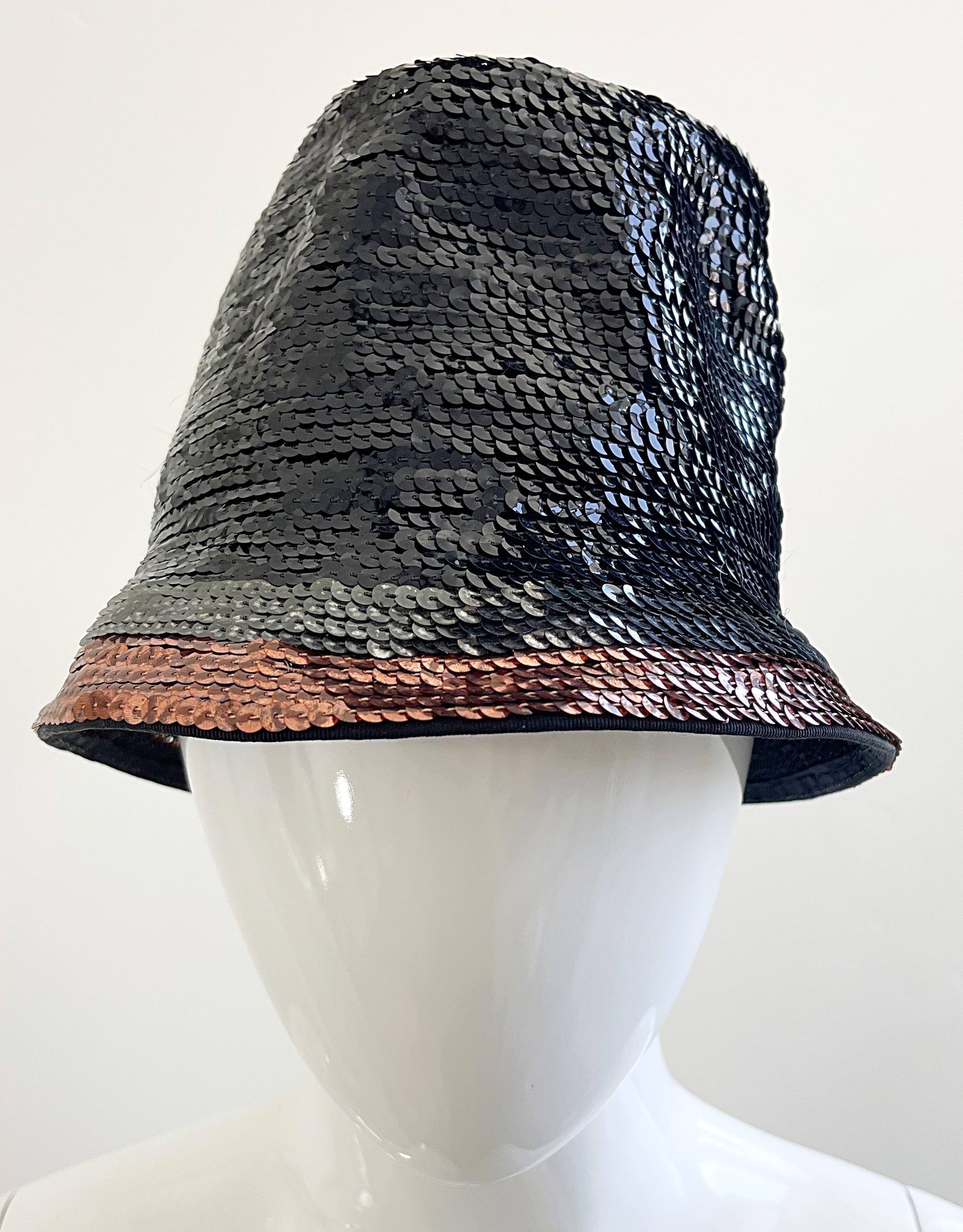 Yves Saint Laurent 1960s YSL Black Gunmetal Bronze Sequin Vintage 60s Cloche Hat For Sale 7