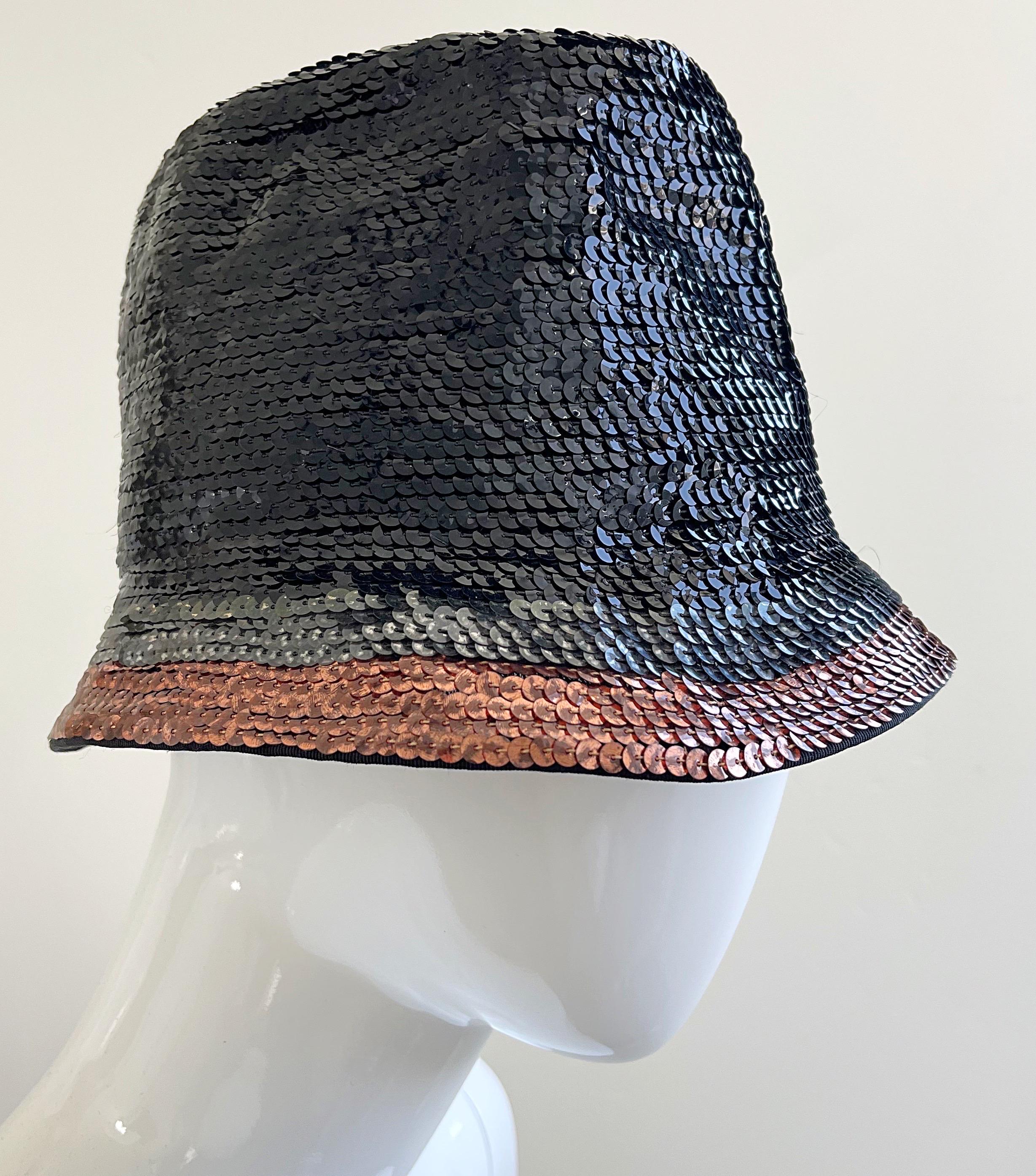 Yves Saint Laurent 1960s YSL Black Gunmetal Bronze Sequin Vintage 60s Cloche Hat In Excellent Condition For Sale In San Diego, CA