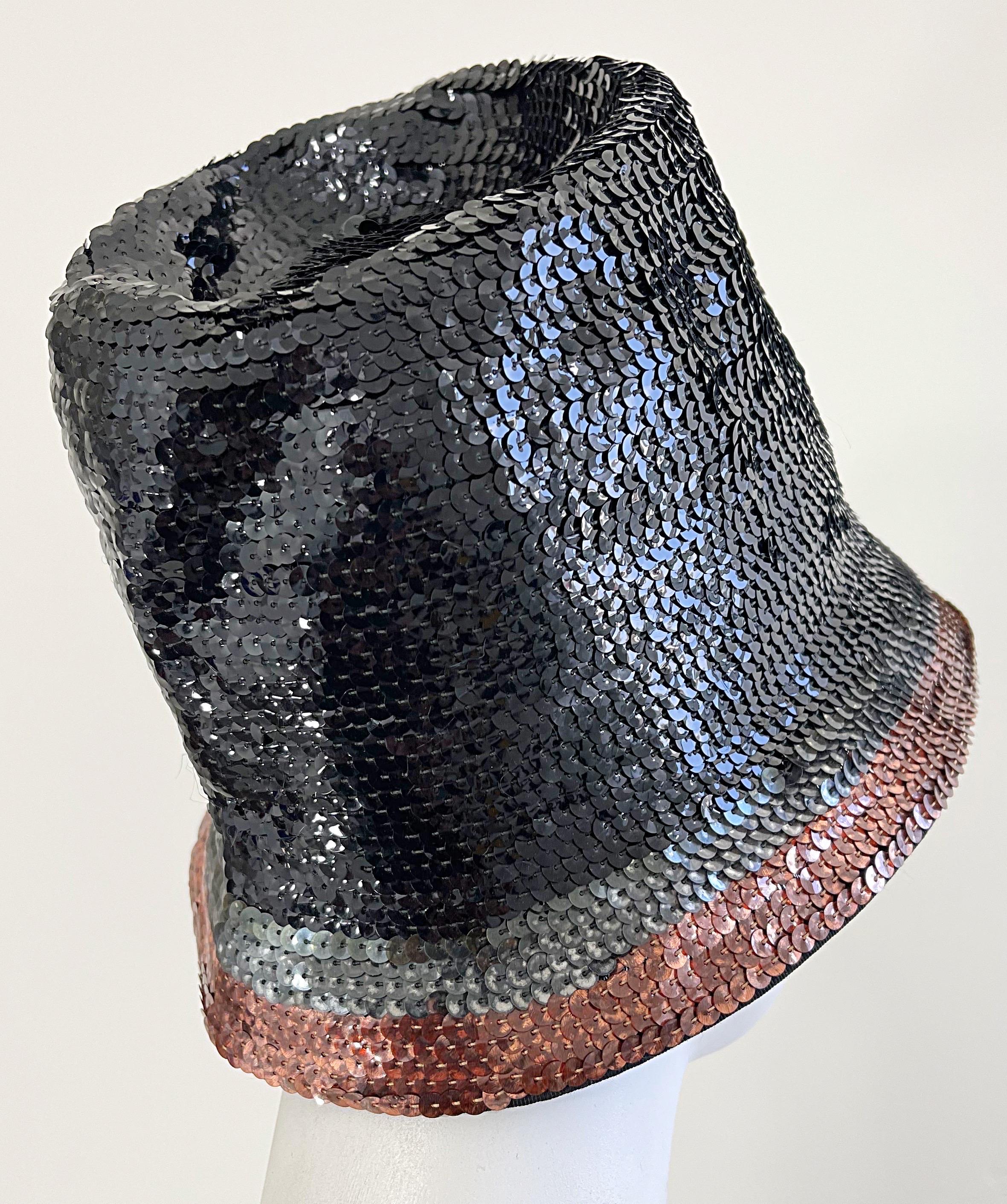 Women's Yves Saint Laurent 1960s YSL Black Gunmetal Bronze Sequin Vintage 60s Cloche Hat For Sale