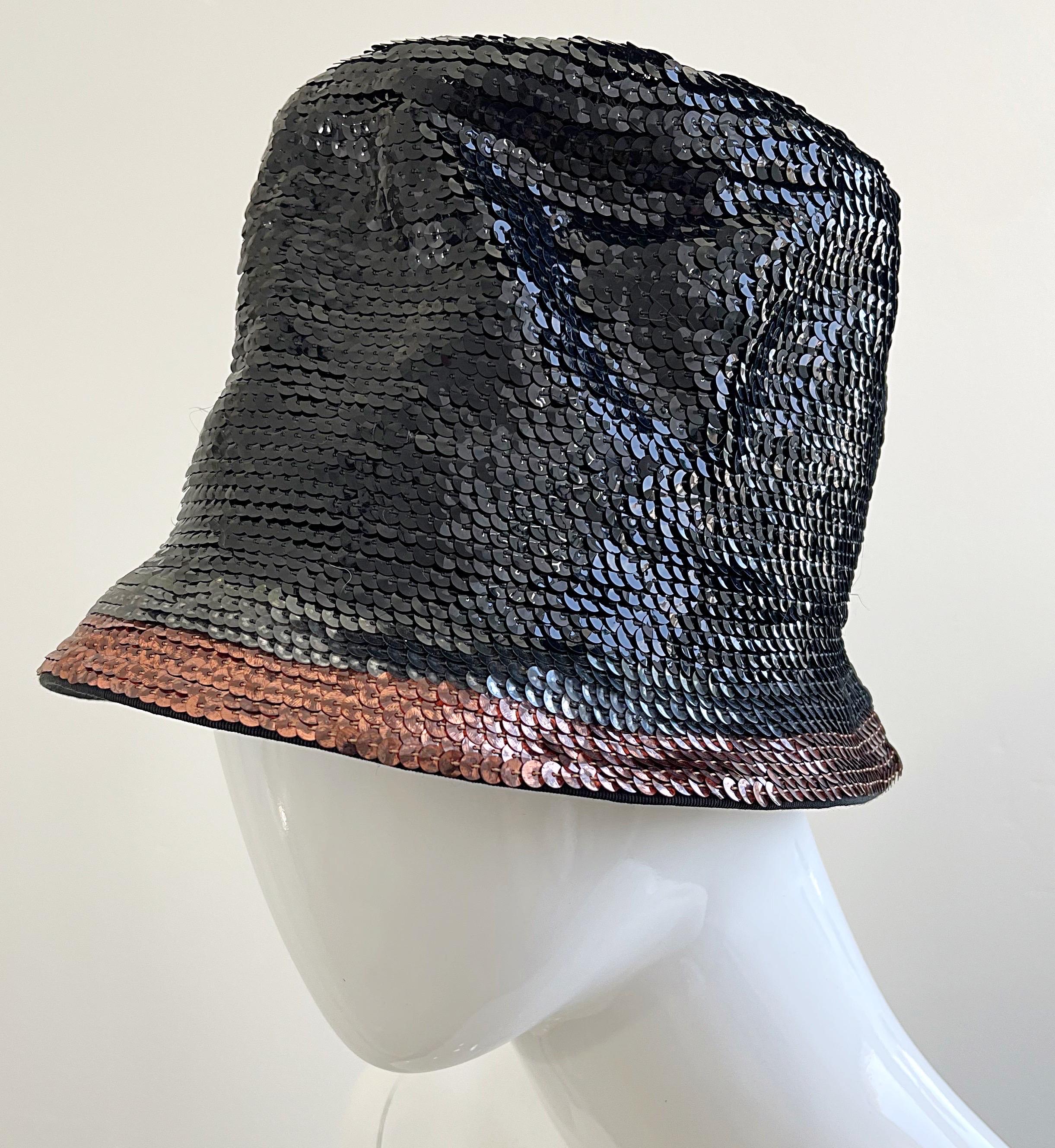 Yves Saint Laurent 1960s YSL Black Gunmetal Bronze Sequin Vintage 60s Cloche Hat For Sale 1