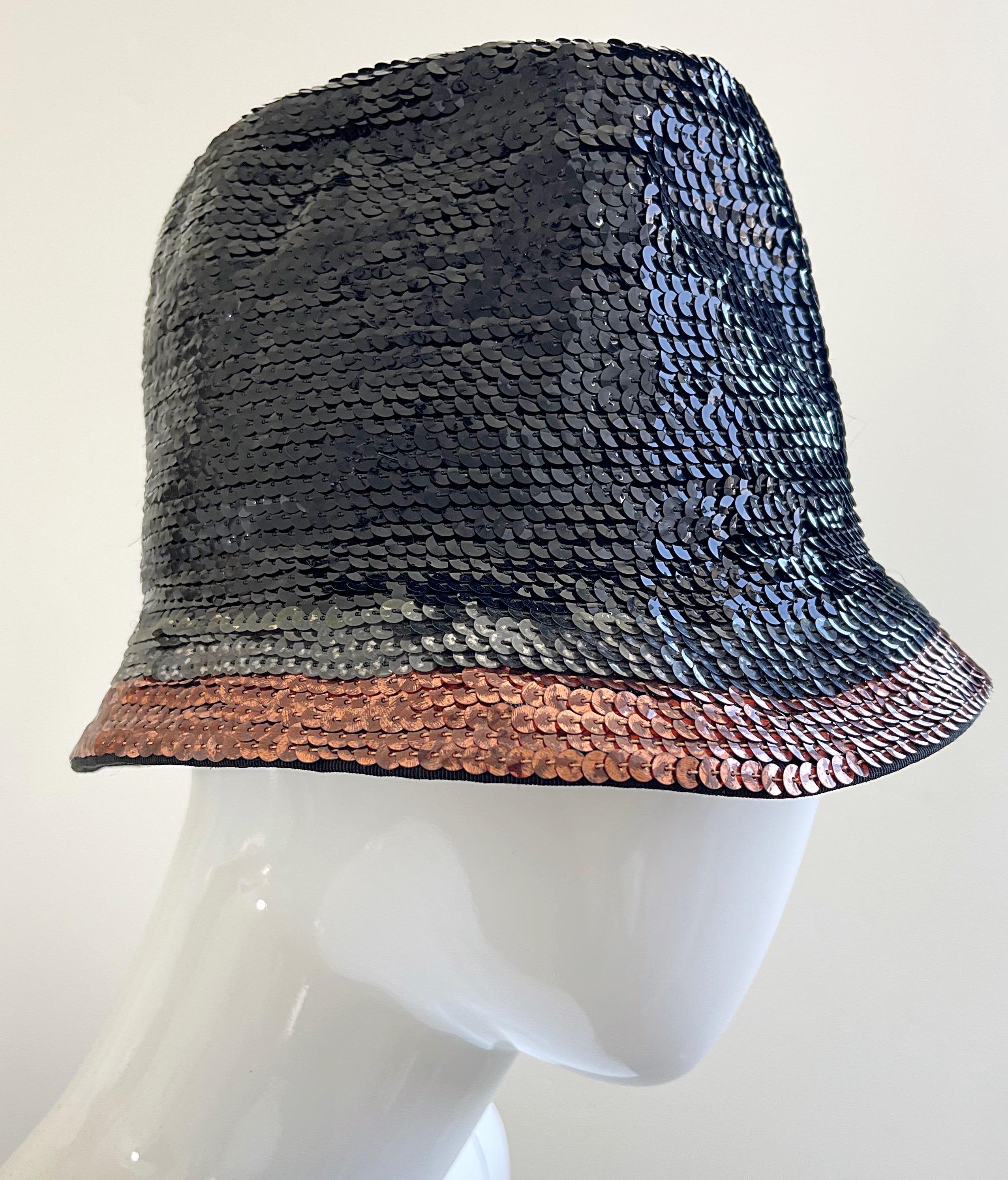 Yves Saint Laurent 1960s YSL Black Gunmetal Bronze Sequin Vintage 60s Cloche Hat For Sale 2