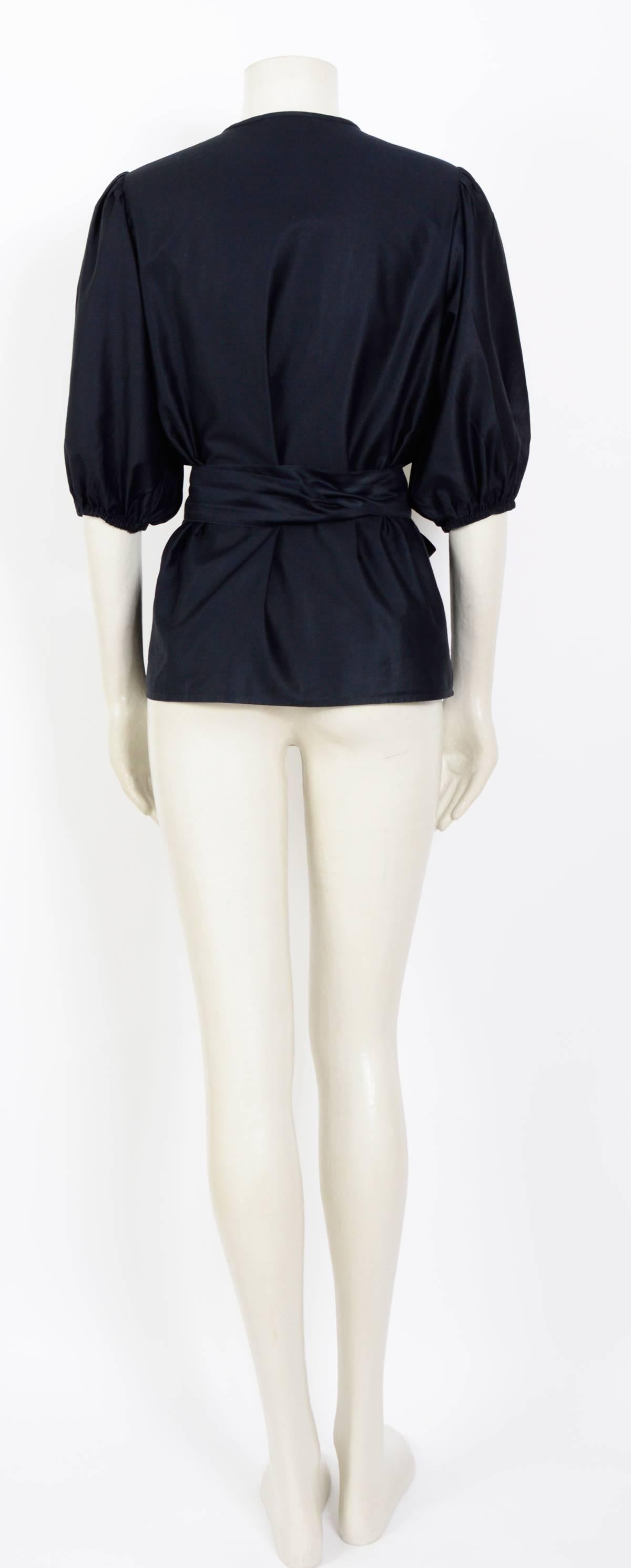 Black Yves Saint Laurent 1970s black cotton & silk mix wrap blouse