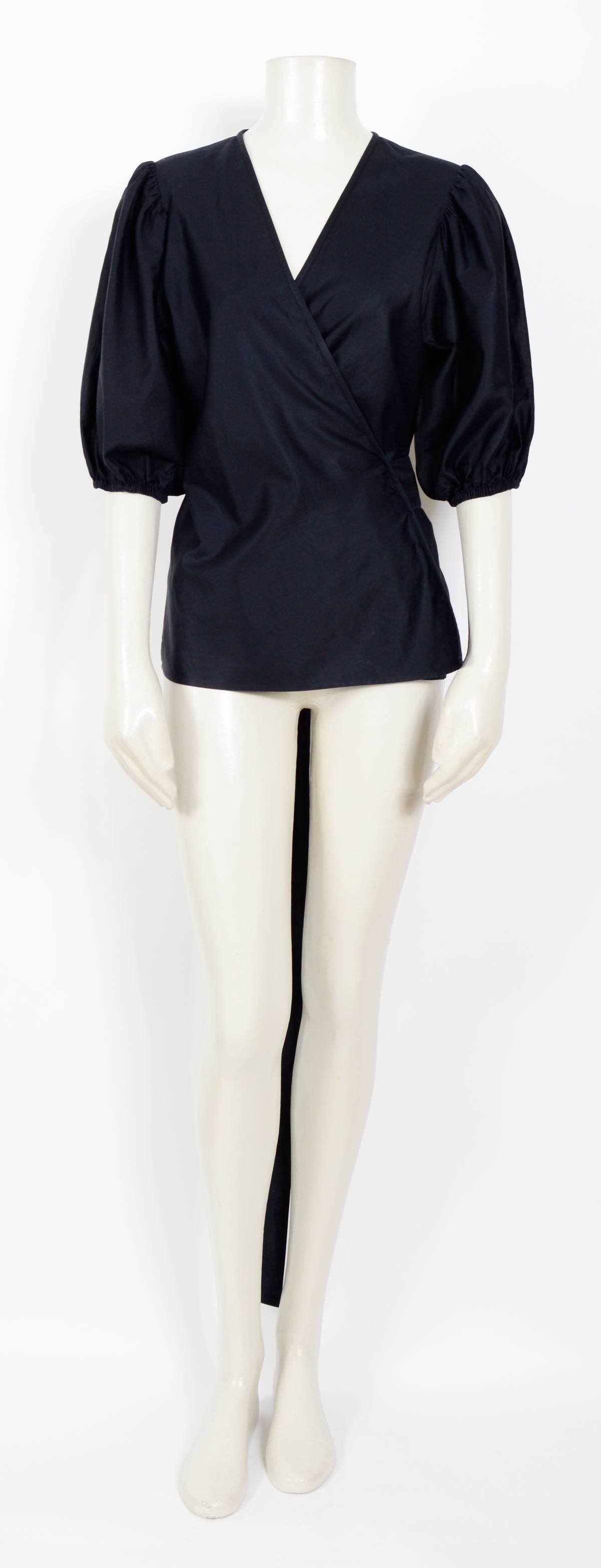 Yves Saint Laurent 1970s black cotton & silk mix wrap blouse In Excellent Condition In Antwerp, BE