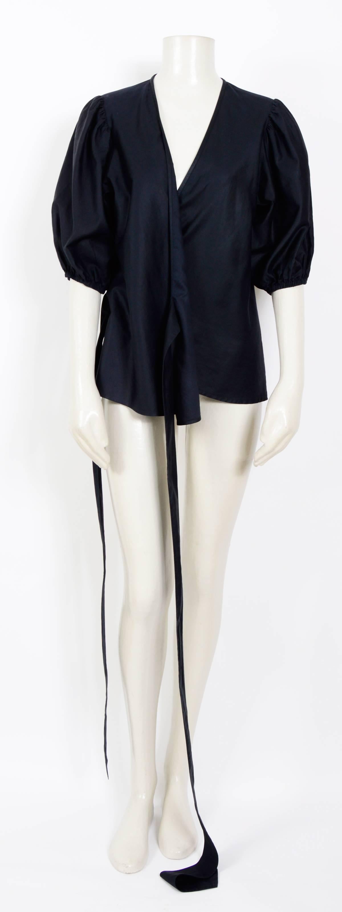 Women's or Men's Yves Saint Laurent 1970s black cotton & silk mix wrap blouse