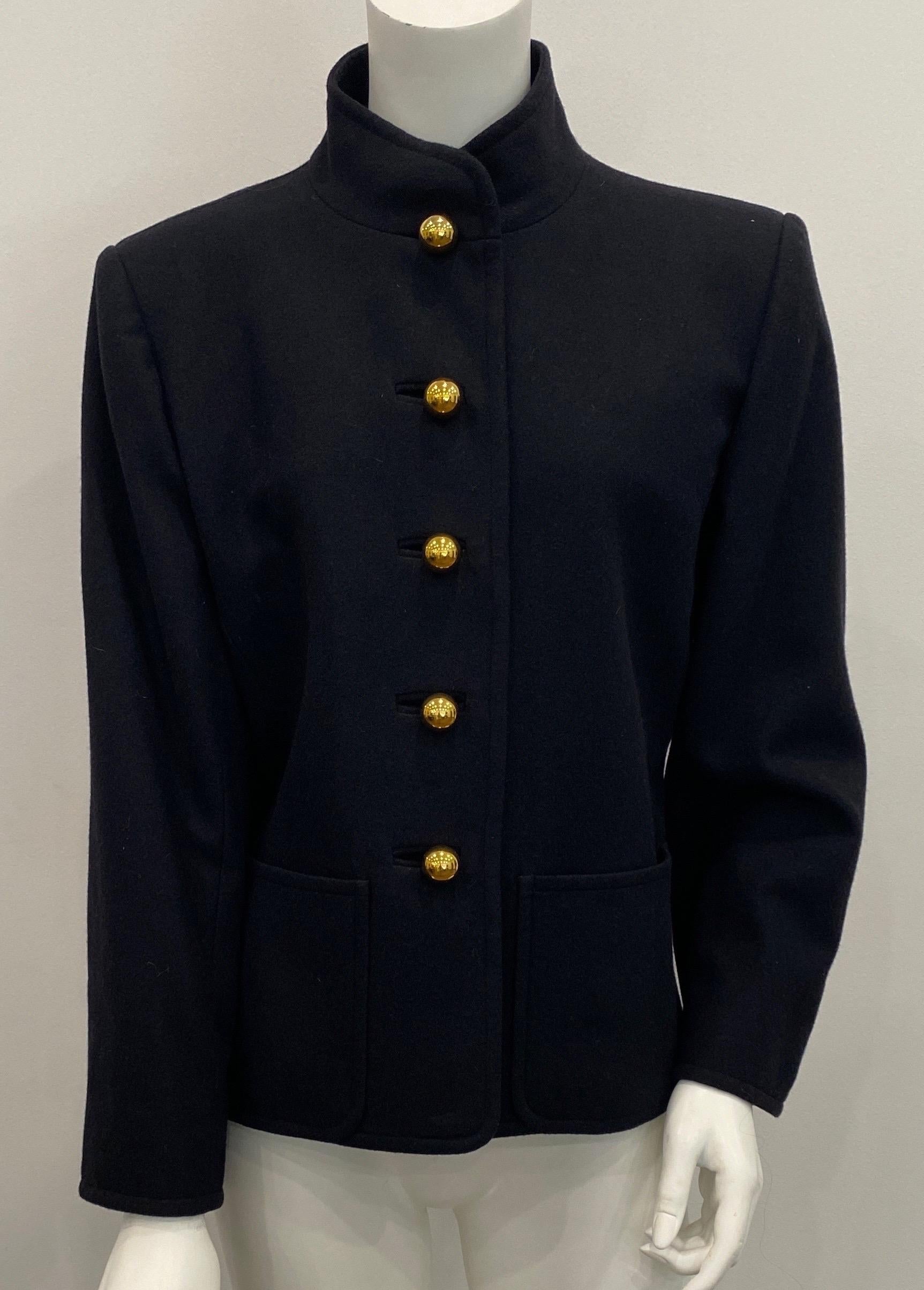 Yves Saint Laurent Rive Gauche 1970's Black Soft Double-Faced Wool Jacket. Size 44 This spectacular vintage piece is Single Breasted with 5 large gold ball buttons, has 2 front patch pockets and is fully lined. The Sleeves have 3 gold ball