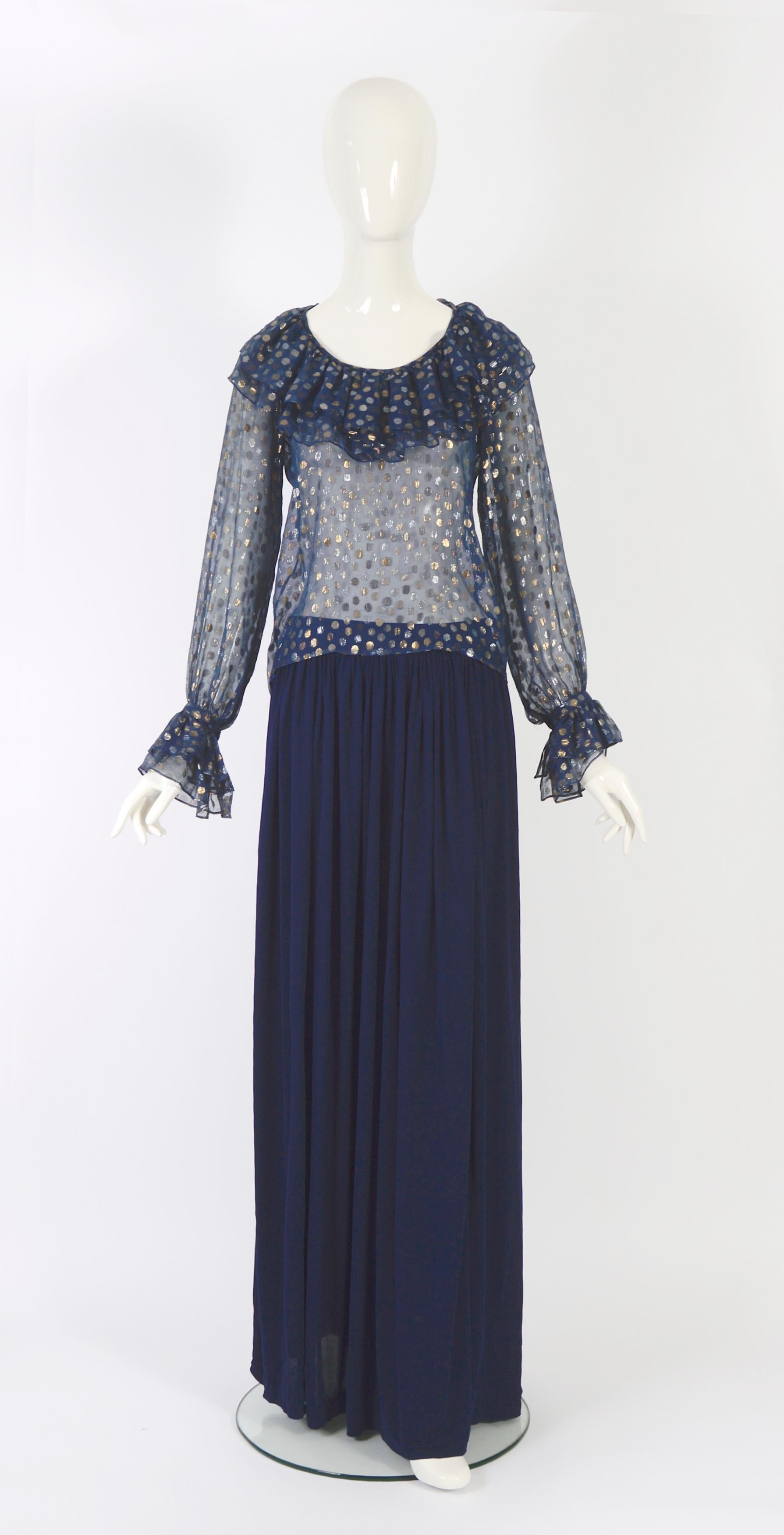 Yves Saint Laurent 1970s blue chiffon dot blouse & blue silk jersey skirt set For Sale 6
