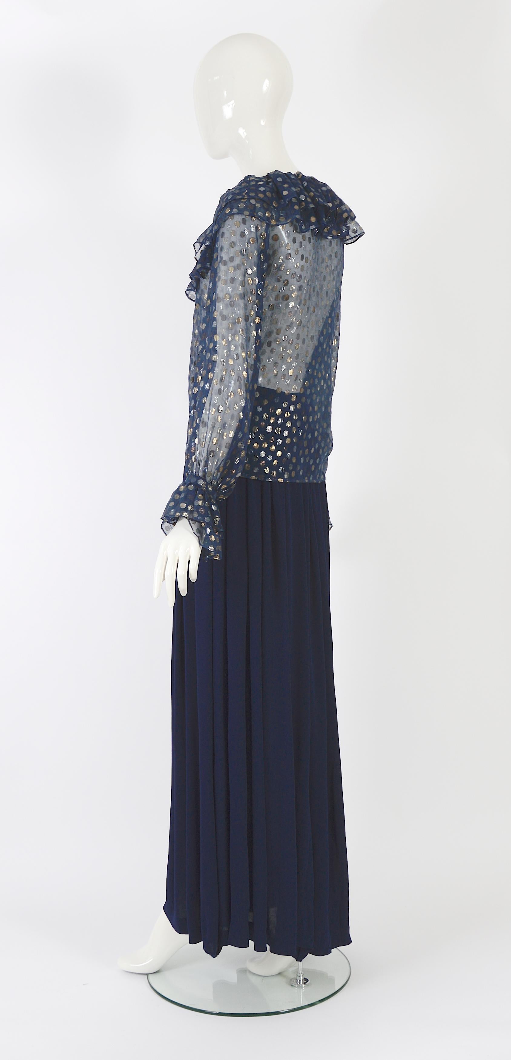 Women's or Men's Yves Saint Laurent 1970s blue chiffon dot blouse & blue silk jersey skirt set For Sale