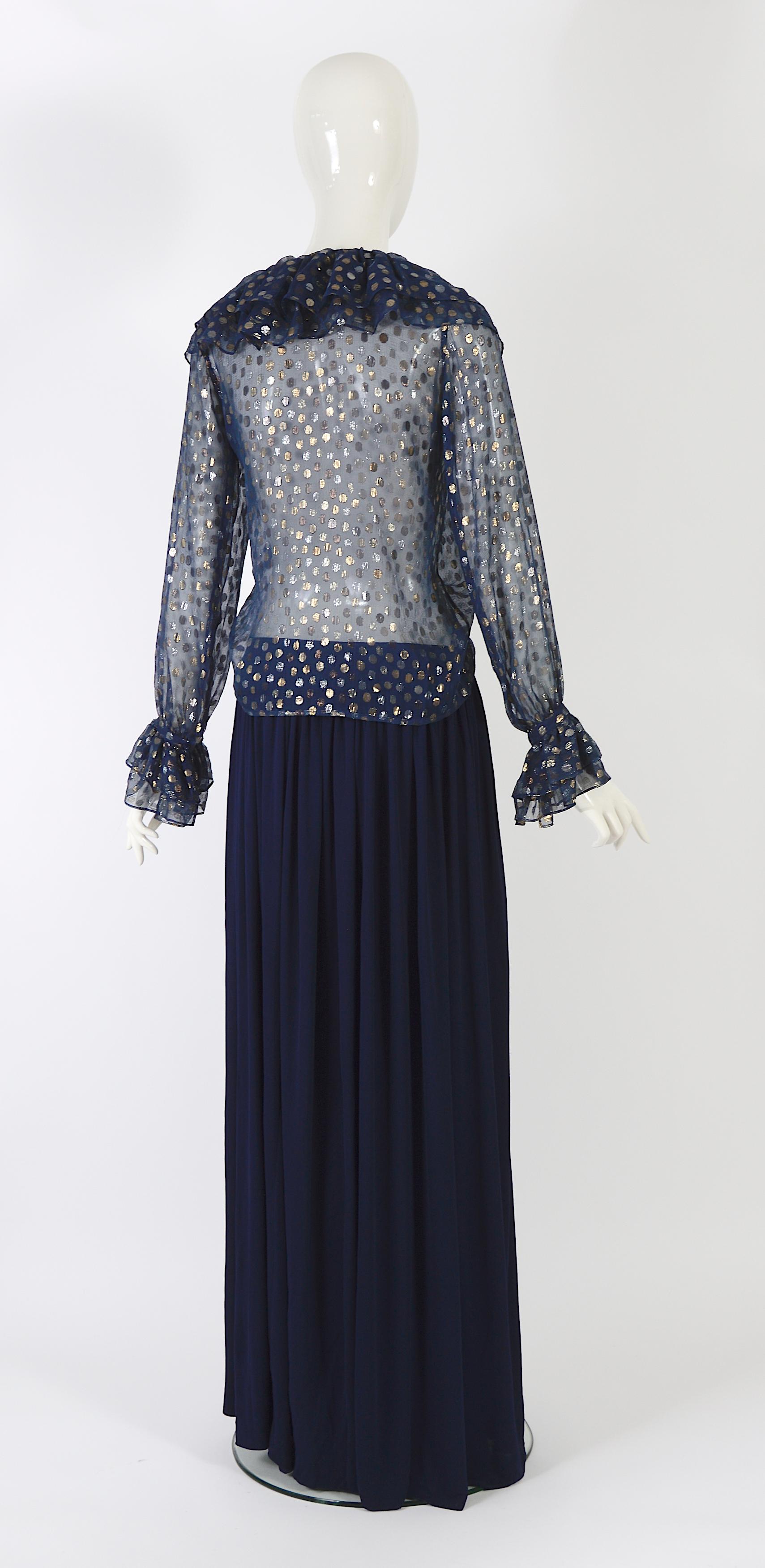 Yves Saint Laurent 1970s blue chiffon dot blouse & blue silk jersey skirt set For Sale 2