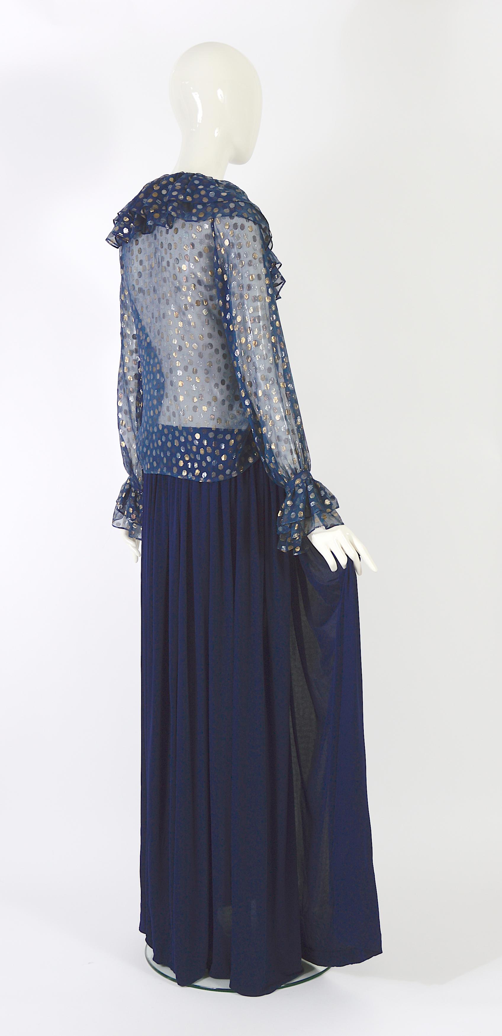 Yves Saint Laurent 1970s blue chiffon dot blouse & blue silk jersey skirt set For Sale 3