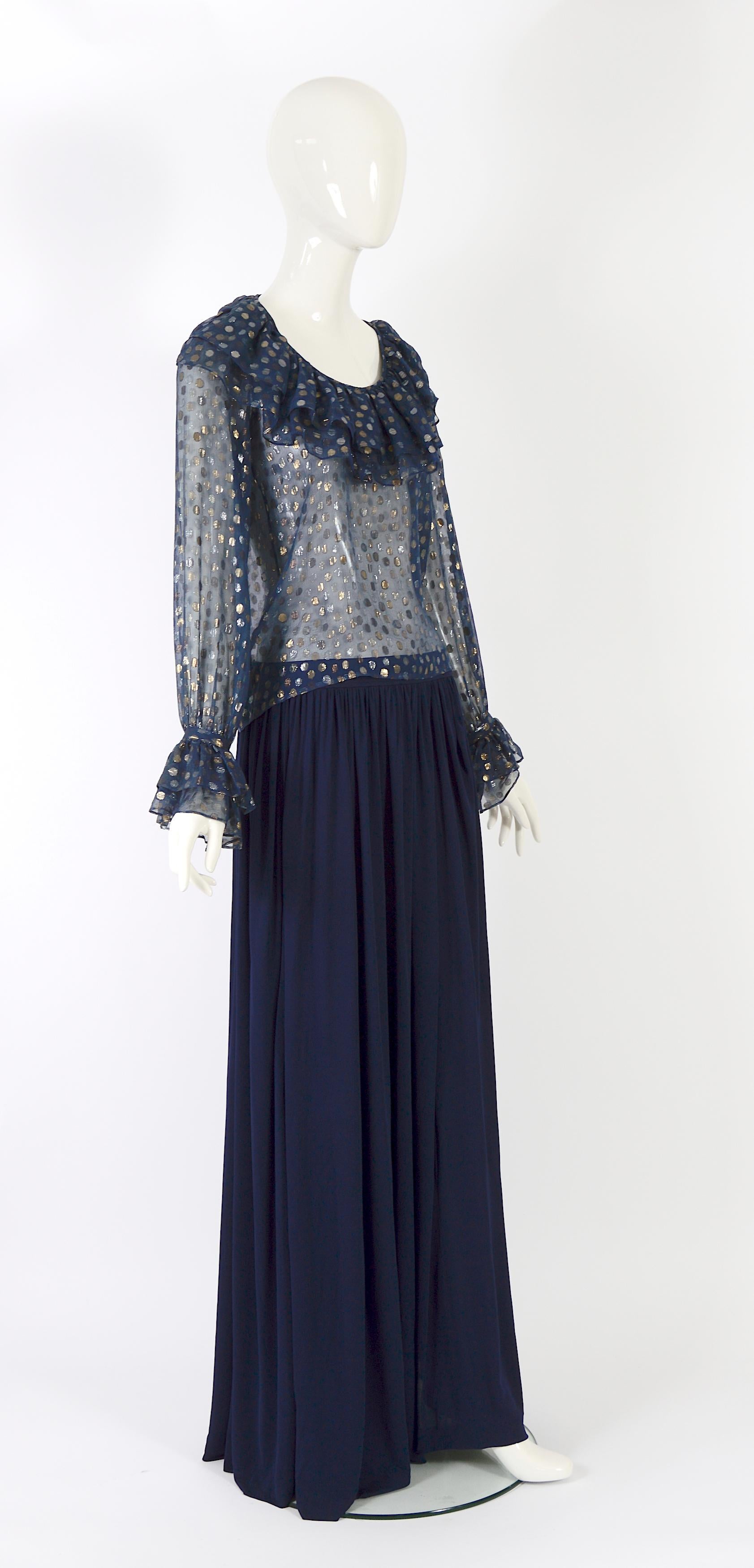 Yves Saint Laurent 1970s blue chiffon dot blouse & blue silk jersey skirt set For Sale 5