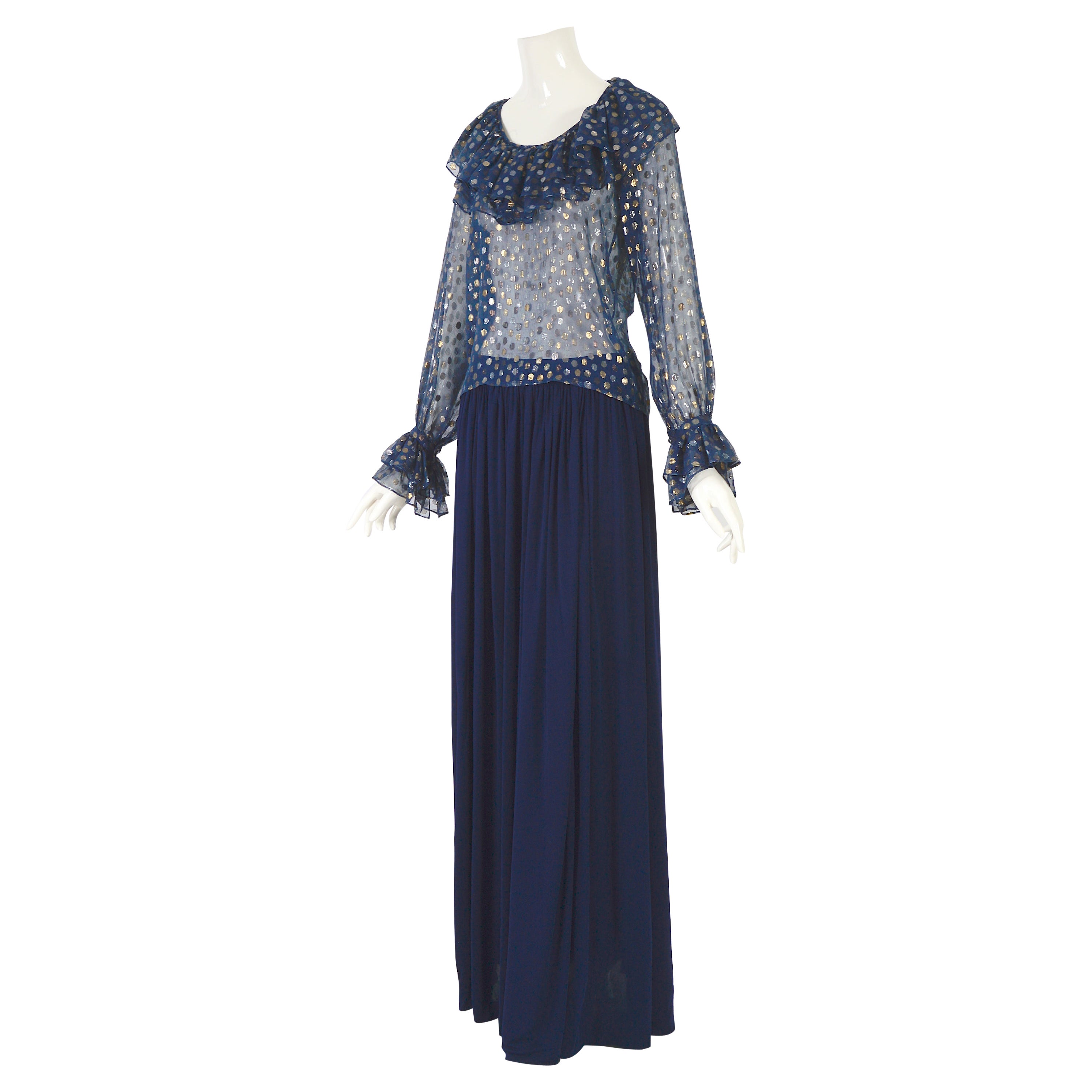 Yves Saint Laurent 1970er Jahre Blaue Chiffon-Dose Bluse & blauer Seidenjersey-Rock Set