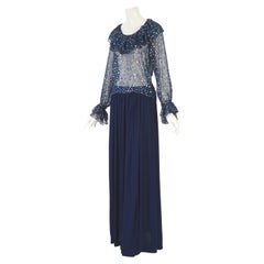Yves Saint Laurent 1970s blue chiffon dot blouse & blue silk jersey skirt set