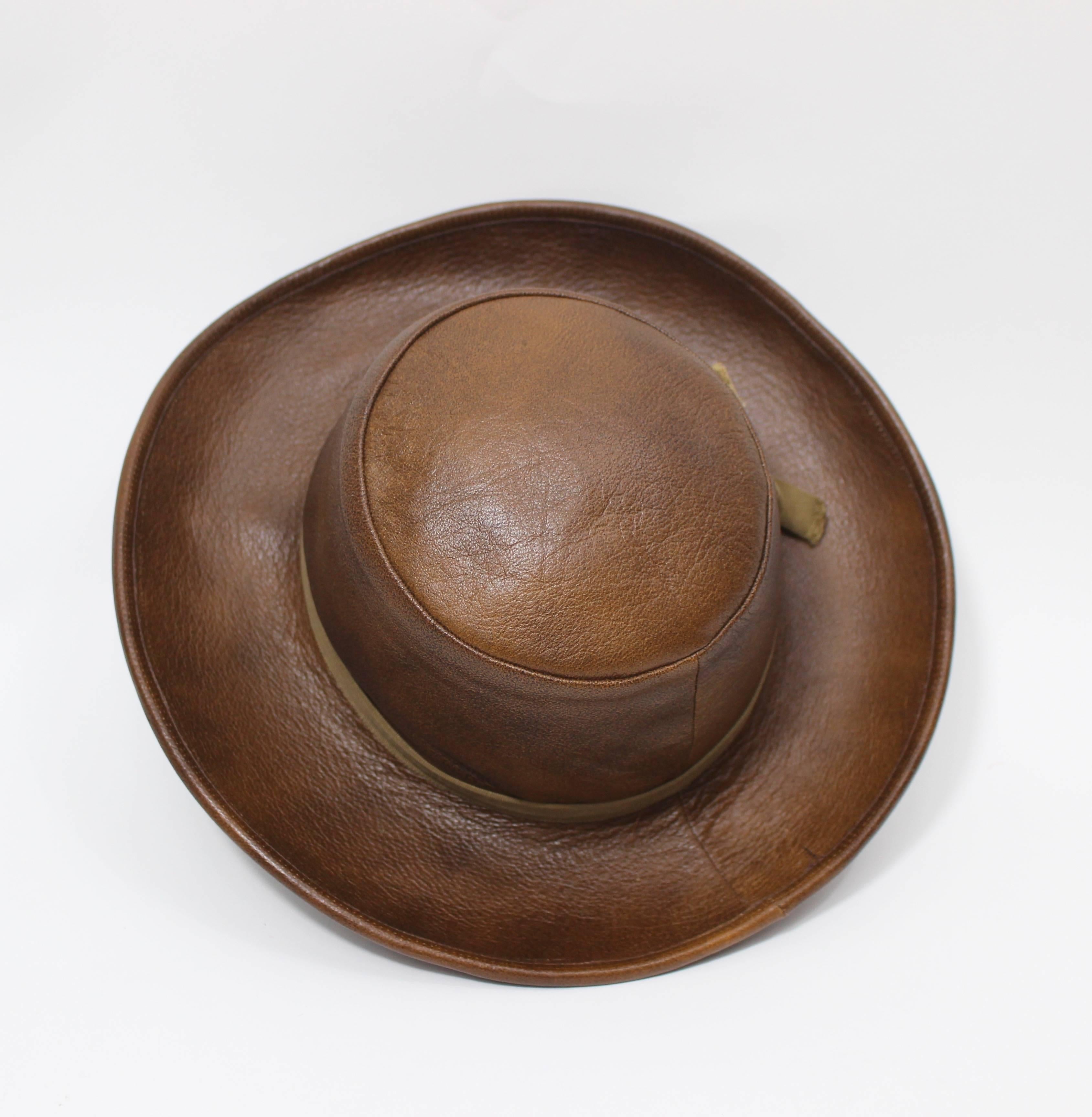  Yves Saint Laurent 1970s Brown Leather Hat Vintage YSL In Excellent Condition For Sale In Boca Raton, FL