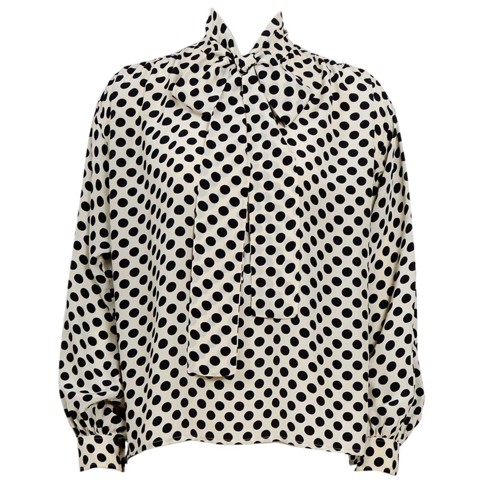 Yves Saint Laurent 1970s documented silk black 
white dot pussy bow blouse