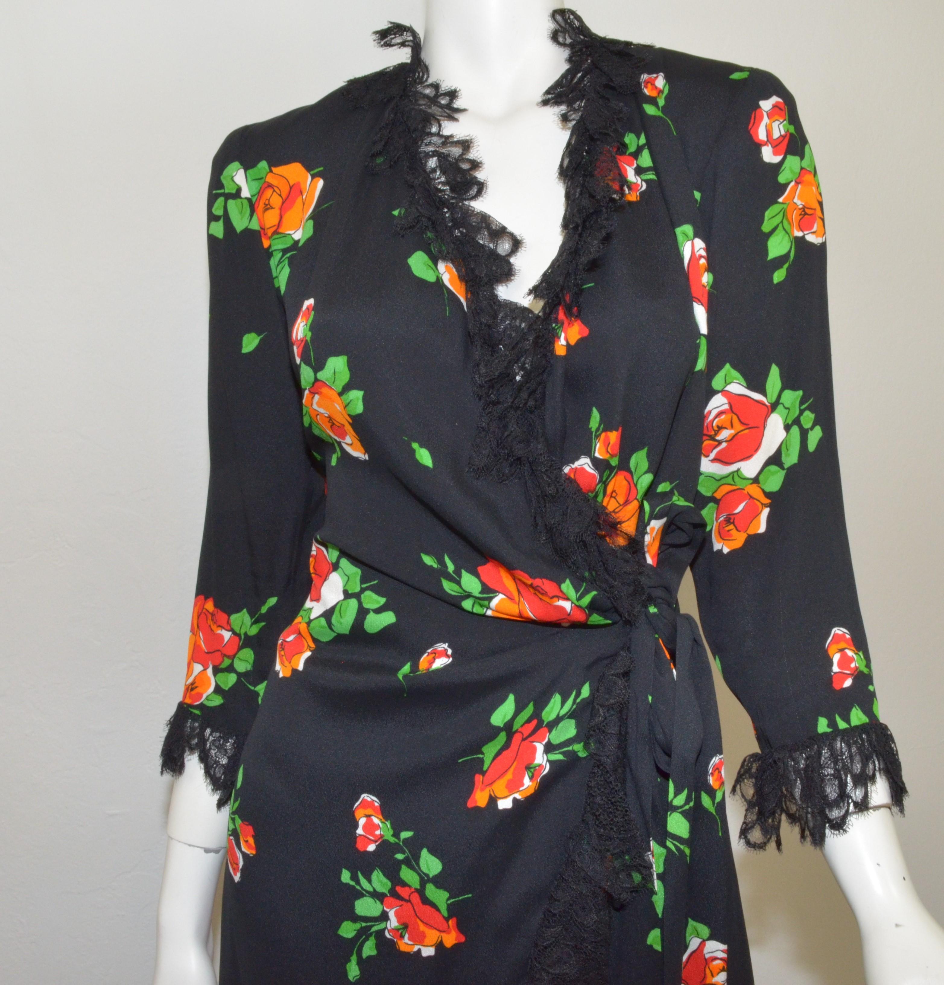 Yves Saint Laurent 1970's Floral Print Wrap Dress with Lace In Excellent Condition In Carmel, CA