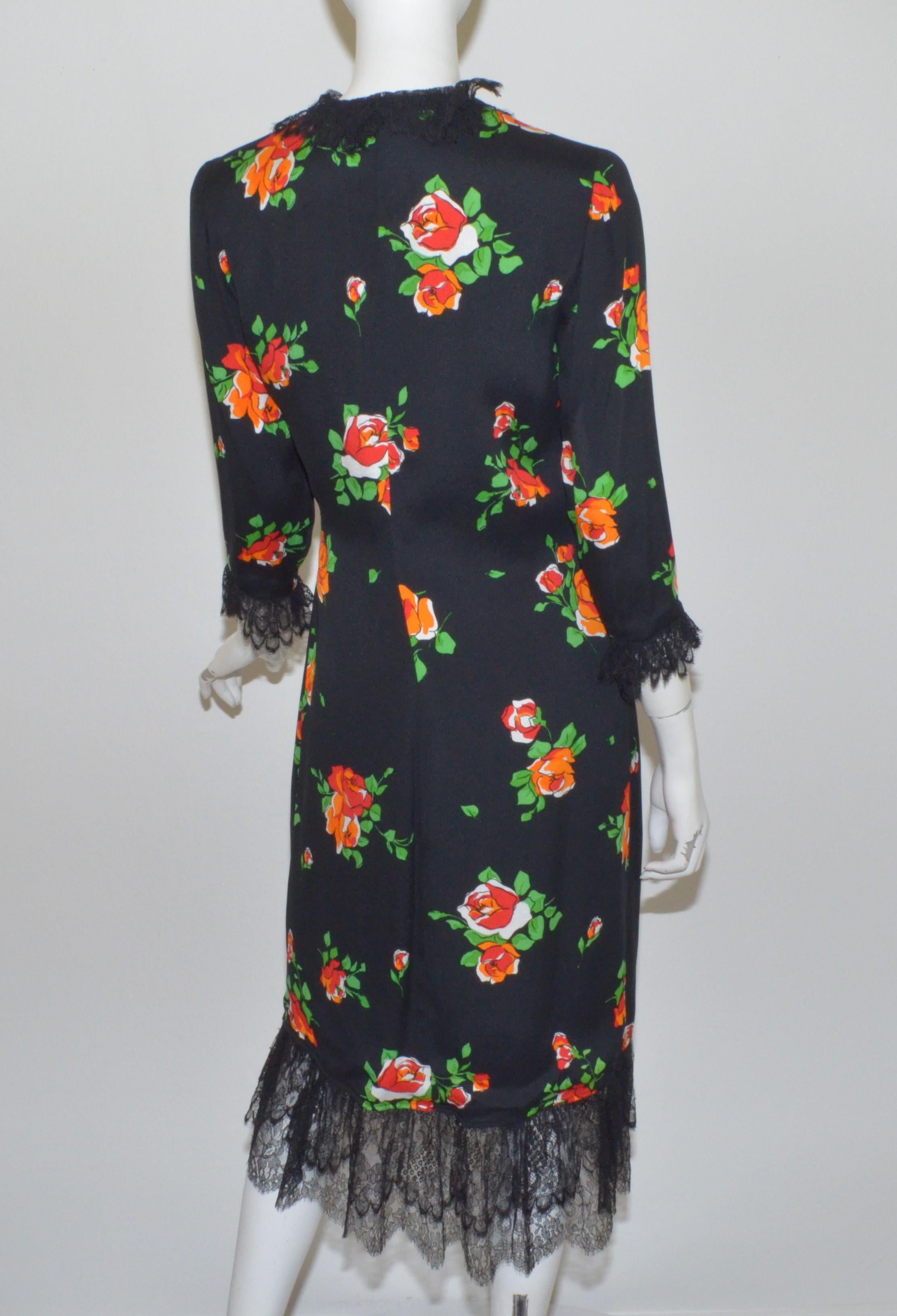 Yves Saint Laurent 1970's Floral Print Wrap Dress with Lace 1