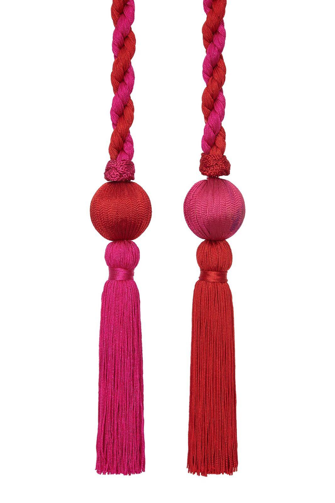 This desirable 1990s Yves Saint Laurent (without label) Moroccan style tassel belt in deep vermillion and fuchsia pink has an exotic charm and will effortlessly enliven even the plainest ensemble. Two tone braid is wound into a thick chord and