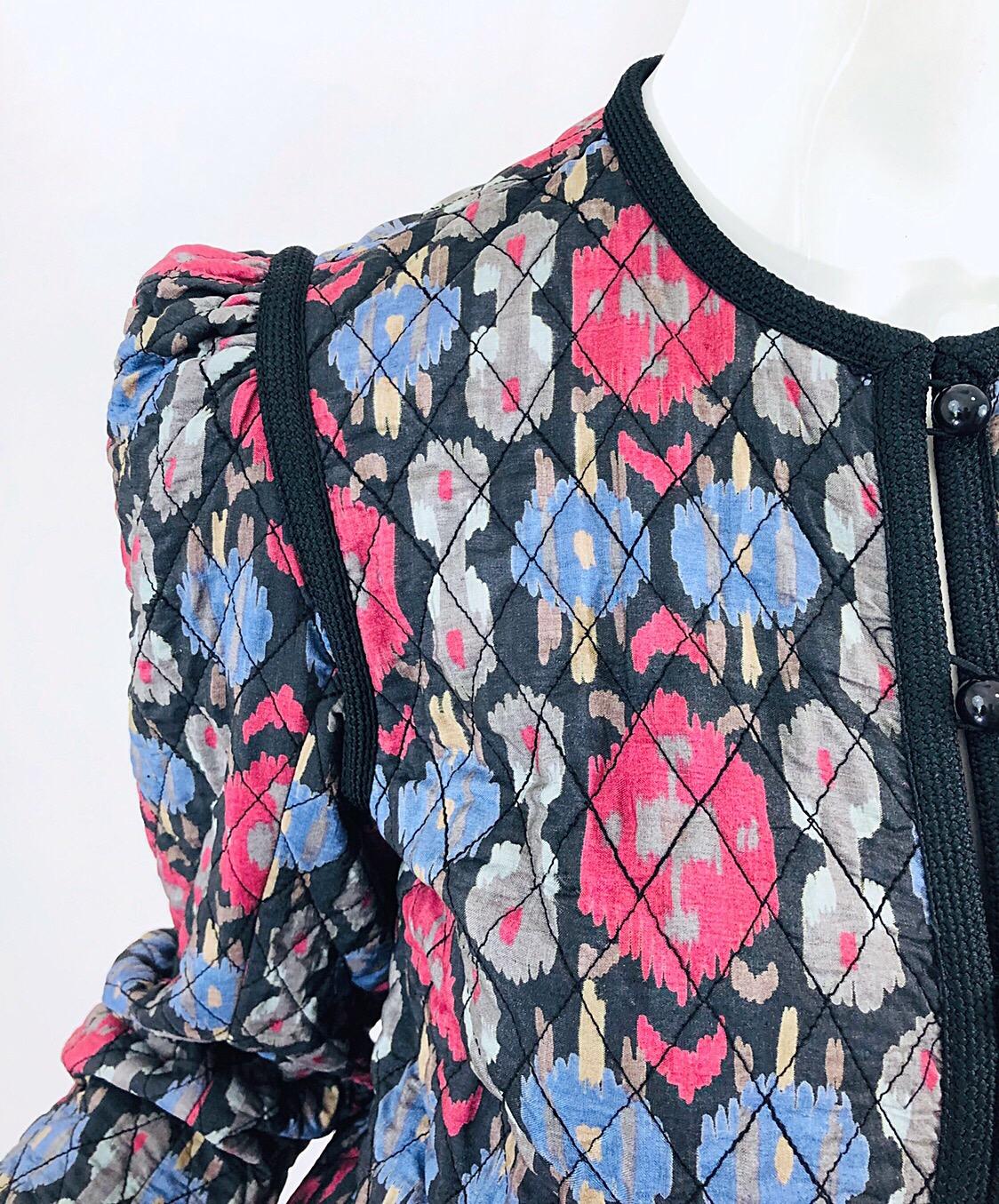 Black Yves Saint Laurent 1970s Ikat Print Silk Vintage 70s Quilted Lightweight Jacket 