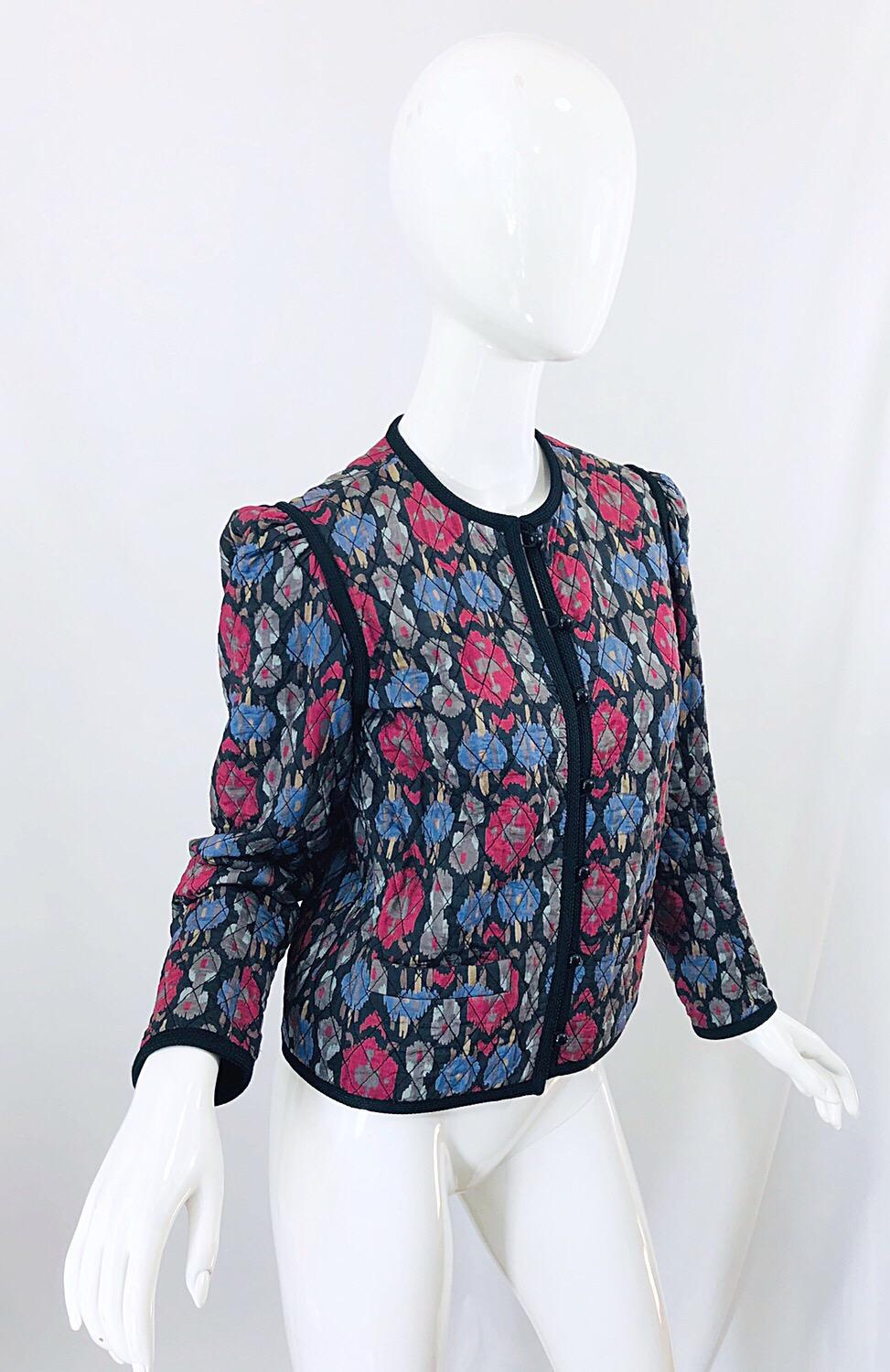 Women's Yves Saint Laurent 1970s Ikat Print Silk Vintage 70s Quilted Lightweight Jacket 