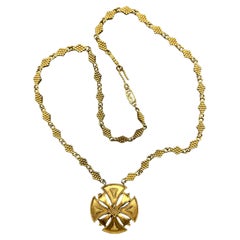 Yves Saint Laurent 1970s Long Satin Gold Maltese Cross Pendant Necklace