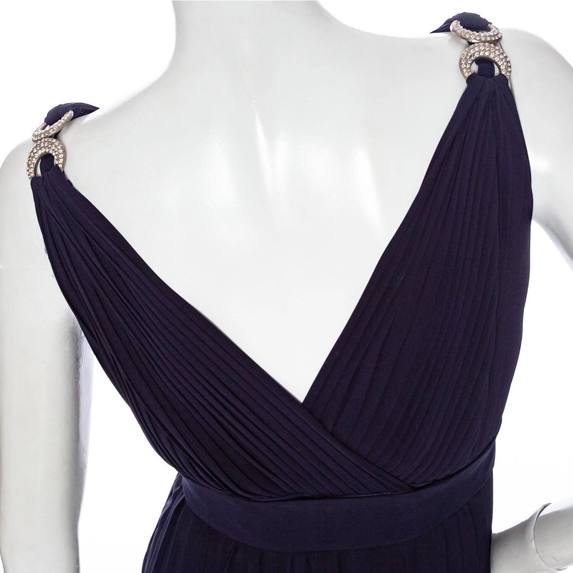 Yves Saint Laurent 1970s Navy Pleated Two-Piece Rhinestone Maxi Dress In Good Condition For Sale In Los Angeles, CA