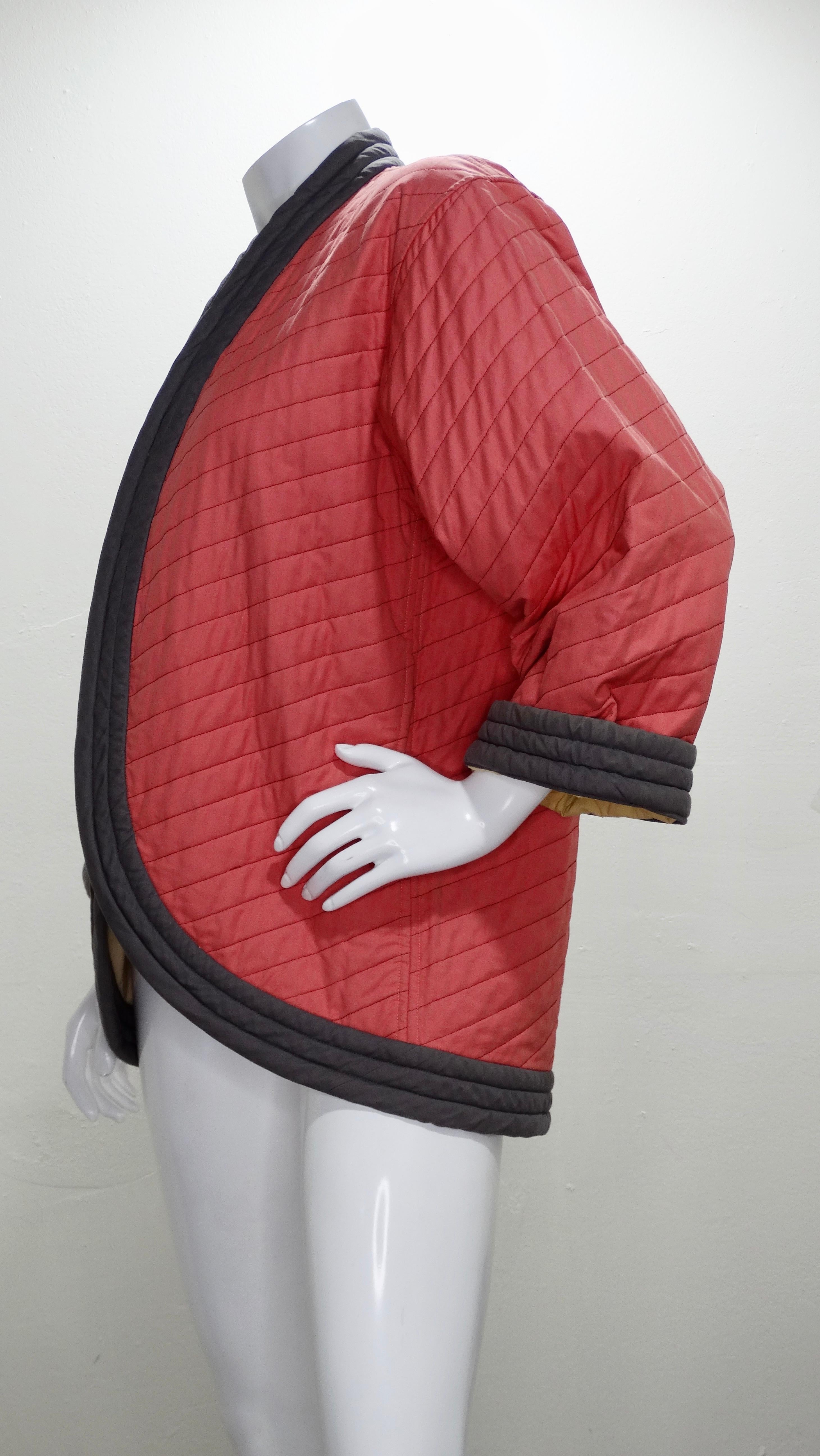 Nobody does it quite like Yves Saint Laurent! Alongside the launch of his legendary fragrance Opium, YSL showcased his China collection during the Fall/Winter runways in 1977. This quilted jacket is made from pink cotton and features a grey trim