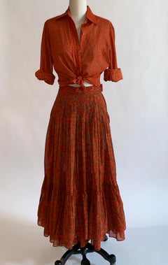 Yves Saint Laurent 1970s Red Orange Paisley Ruffle Prairie Skirt and Top Set
