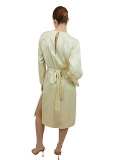 Yves Saint Laurent 1970's White Jacquard Dress/Caftan With Fringe Belt