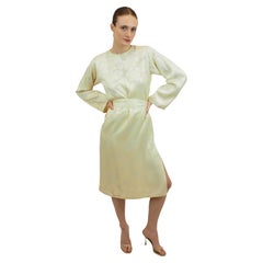 Yves Saint Laurent 1970's White Jacquard Dress/Caftan With Fringe Belt