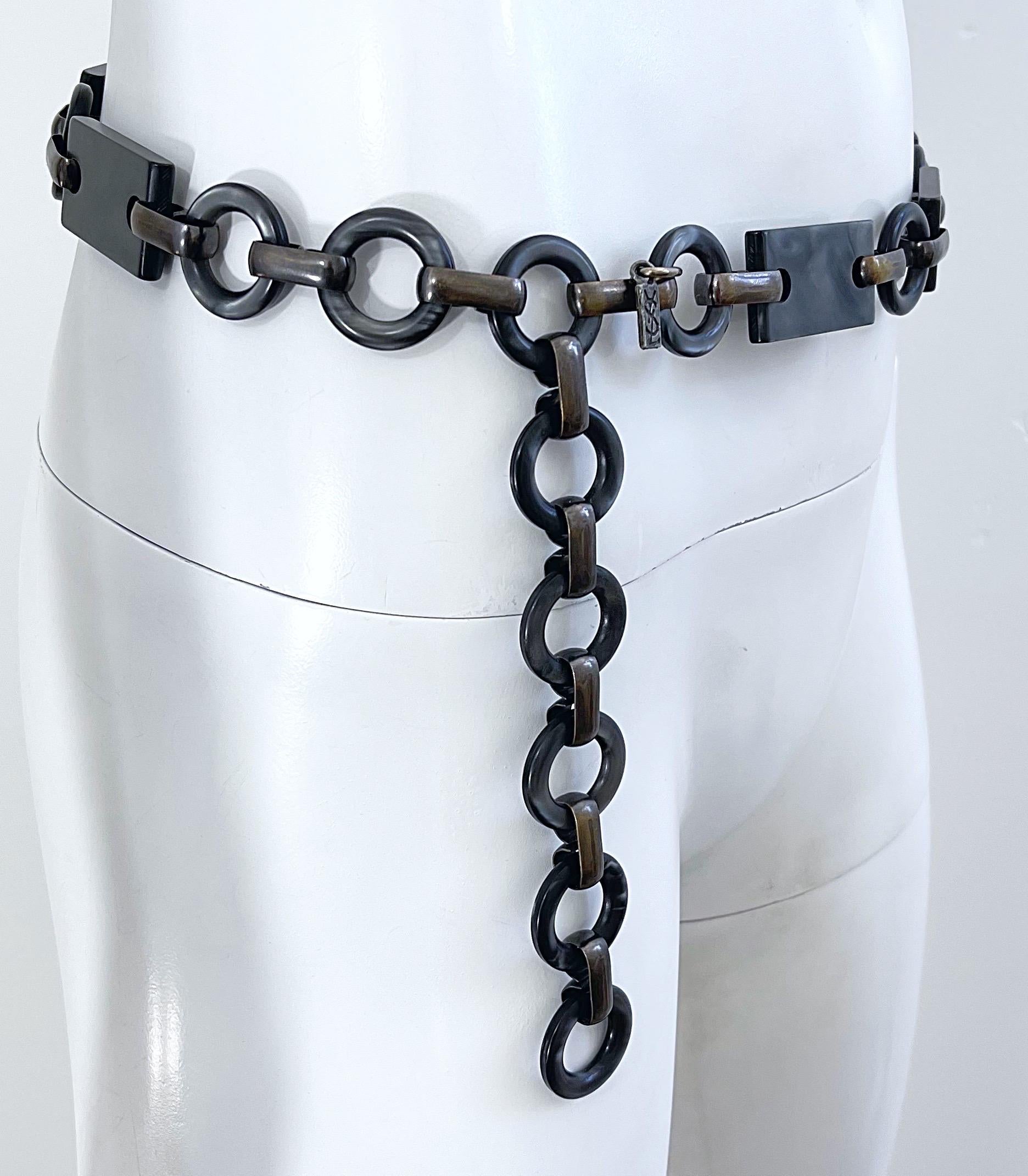 Yves Saint Laurent 1970s YSL Grey Marble Gunmetal Lucite Chain Belt or Necklace In Excellent Condition In San Diego, CA